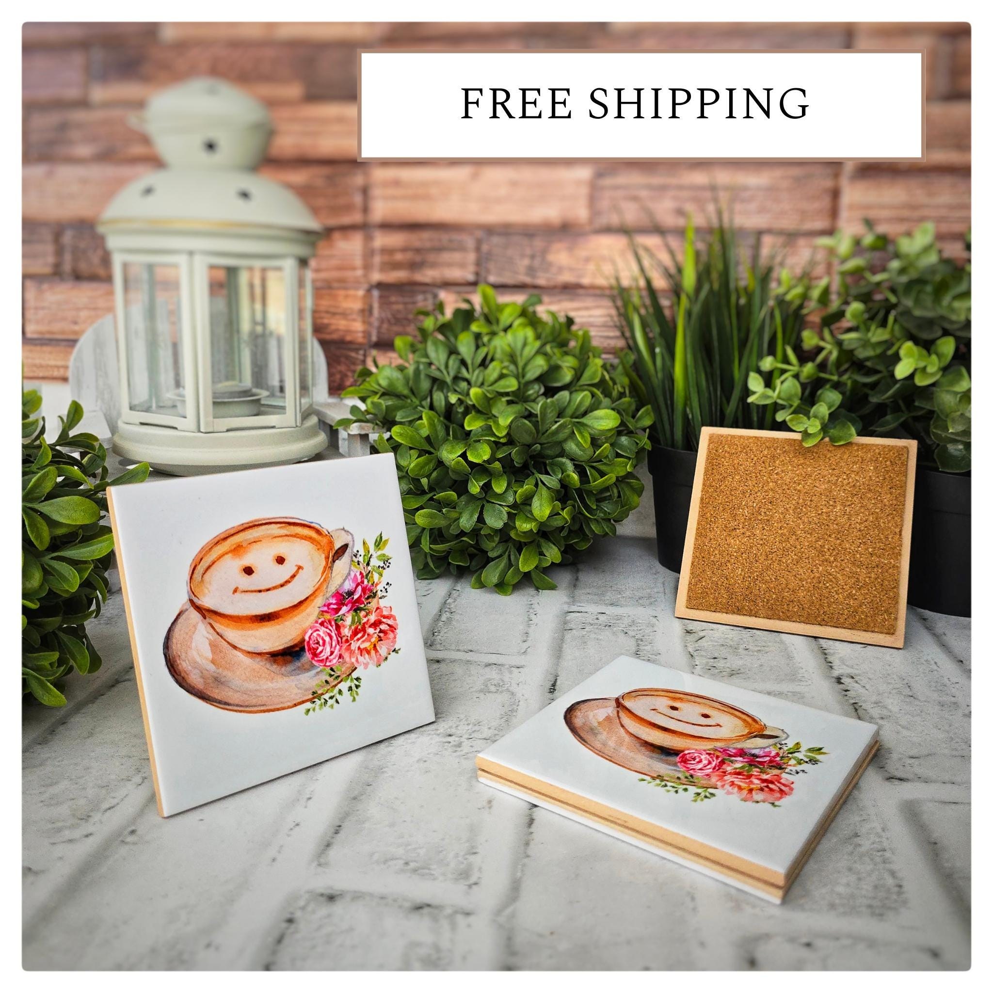 Cappuccino Smile Ceramic Coasters - Floral Coffee Lover Gift