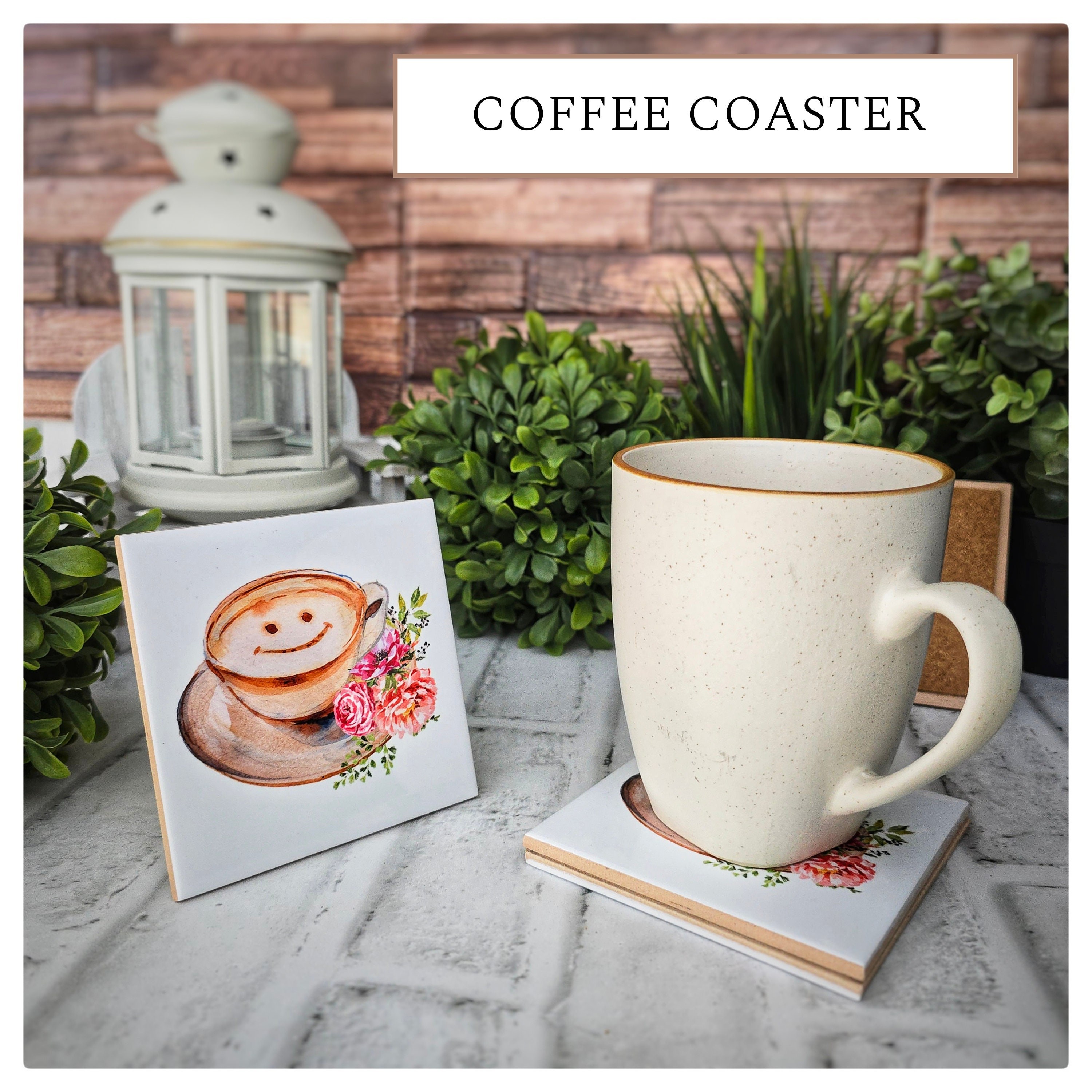 Cappuccino Smile Ceramic Coasters - Floral Coffee Lover Gift, detail 2