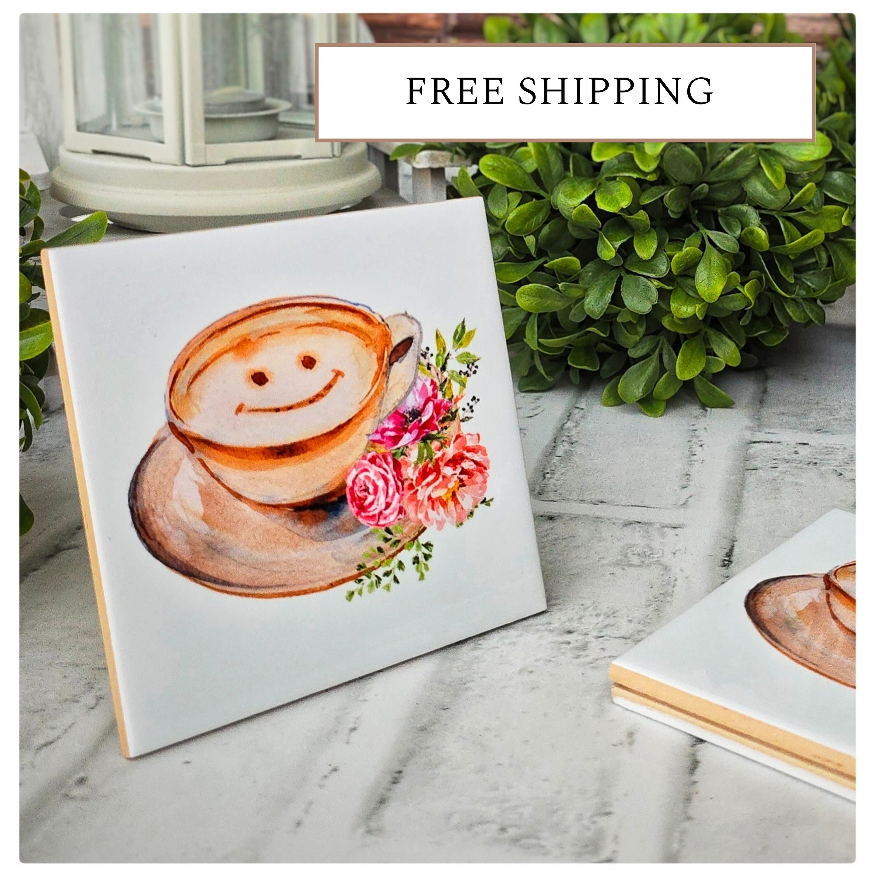 Cappuccino Smile Ceramic Coasters - Floral Coffee Lover Gift, detail 8