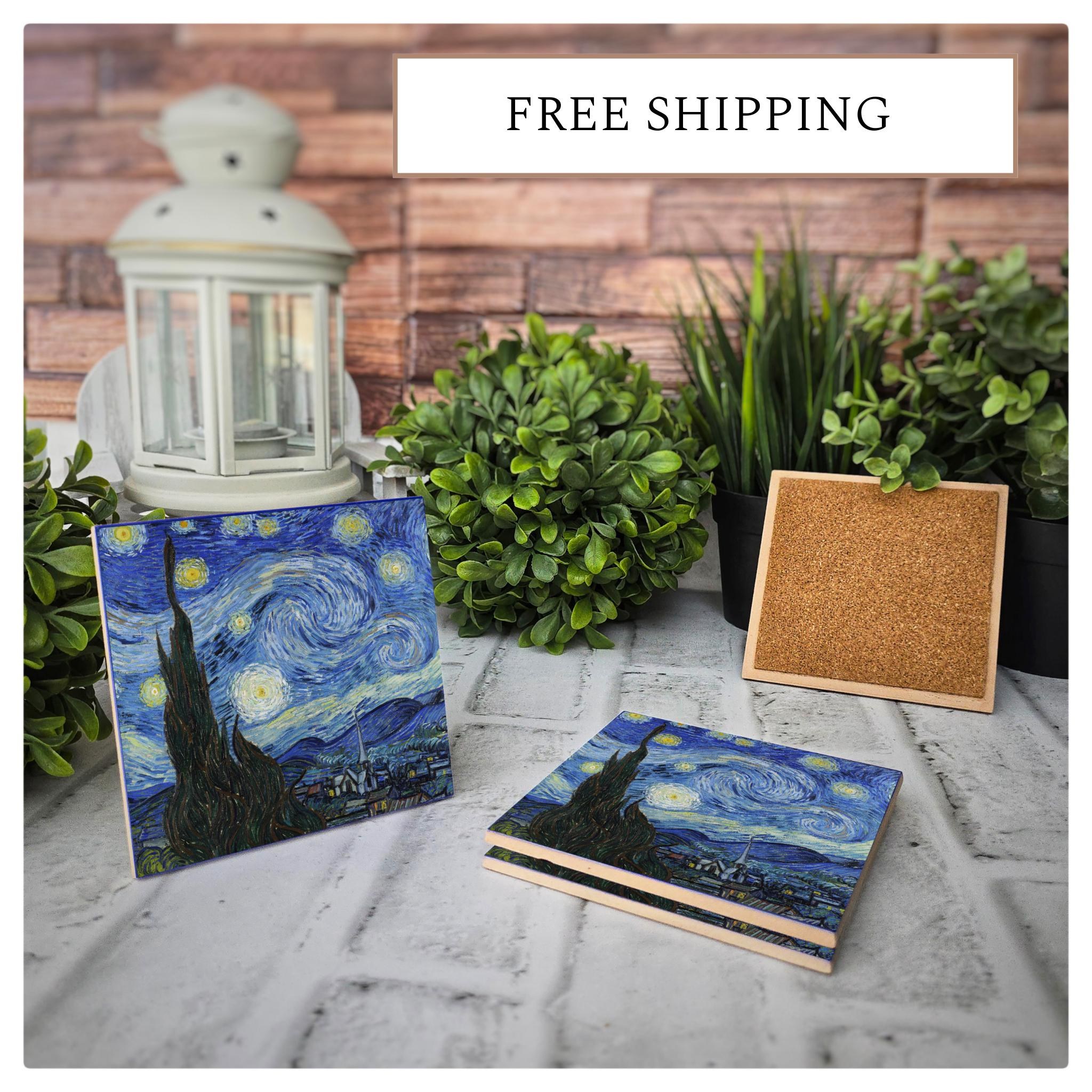 Starry Night Ceramic Coaster: Van Gogh Art, Cork Back (4.25"x4.25")