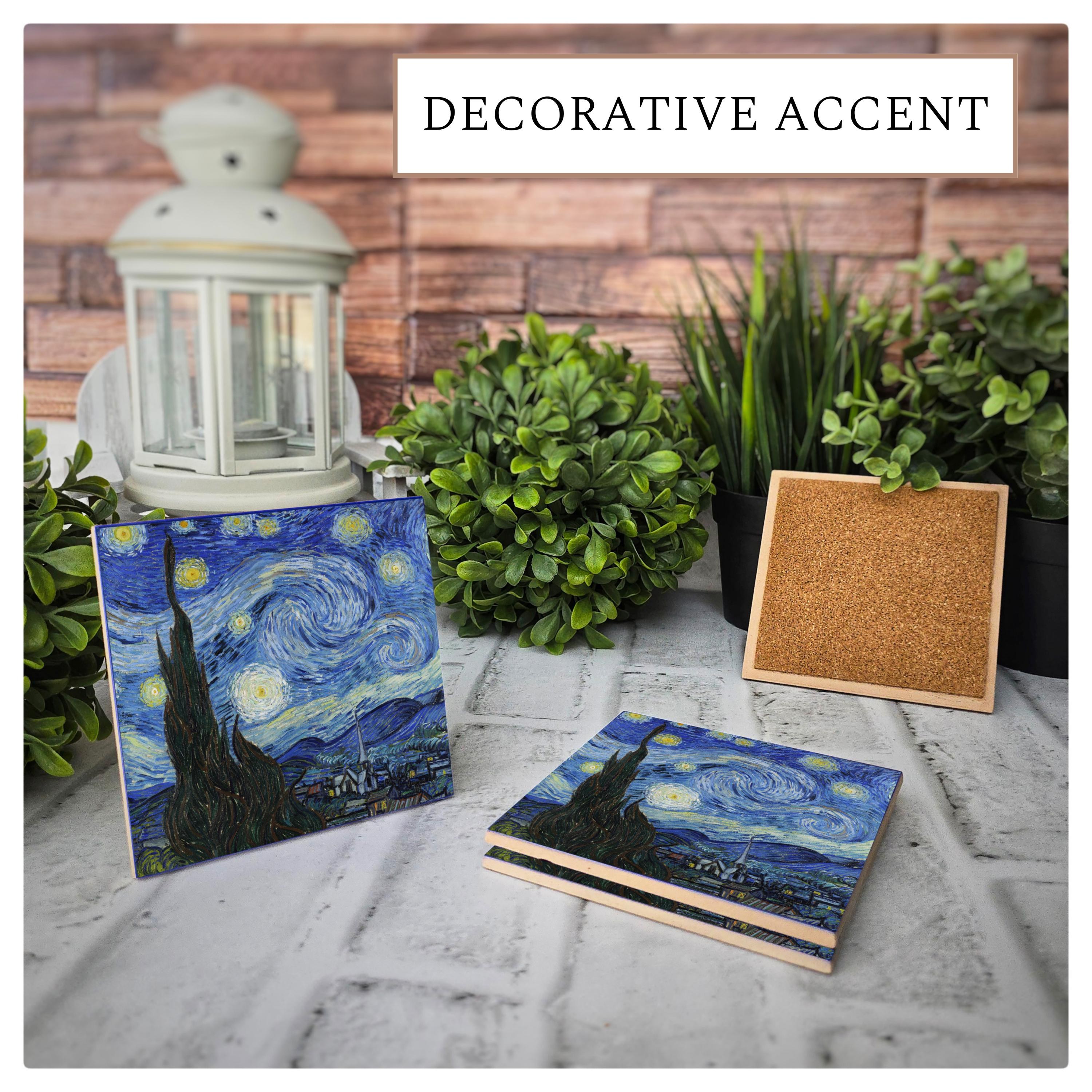 Starry Night Ceramic Coaster: Van Gogh Art, Cork Back (4.25"x4.25"), detail 2
