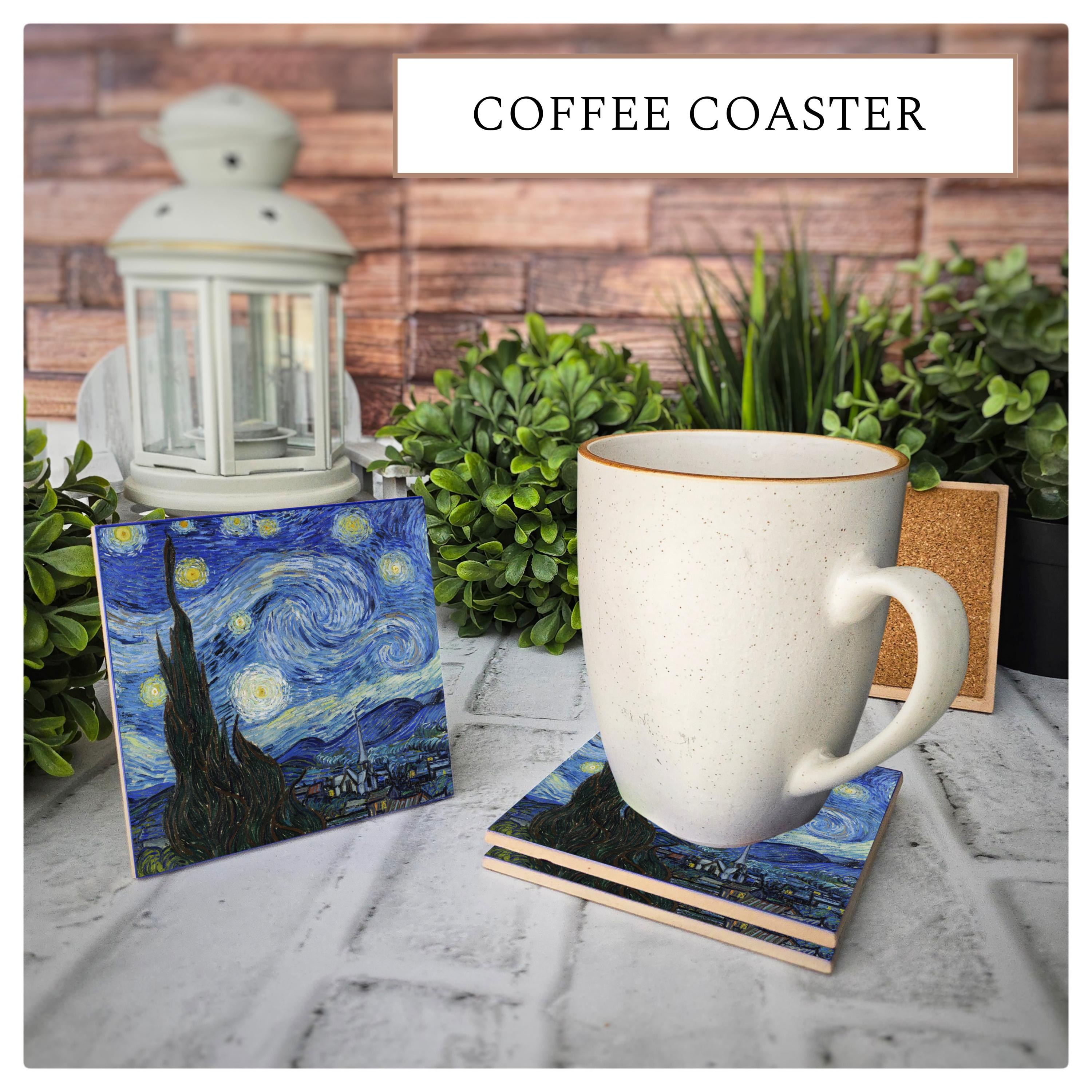 Starry Night Ceramic Coaster: Van Gogh Art, Cork Back (4.25"x4.25"), detail 4