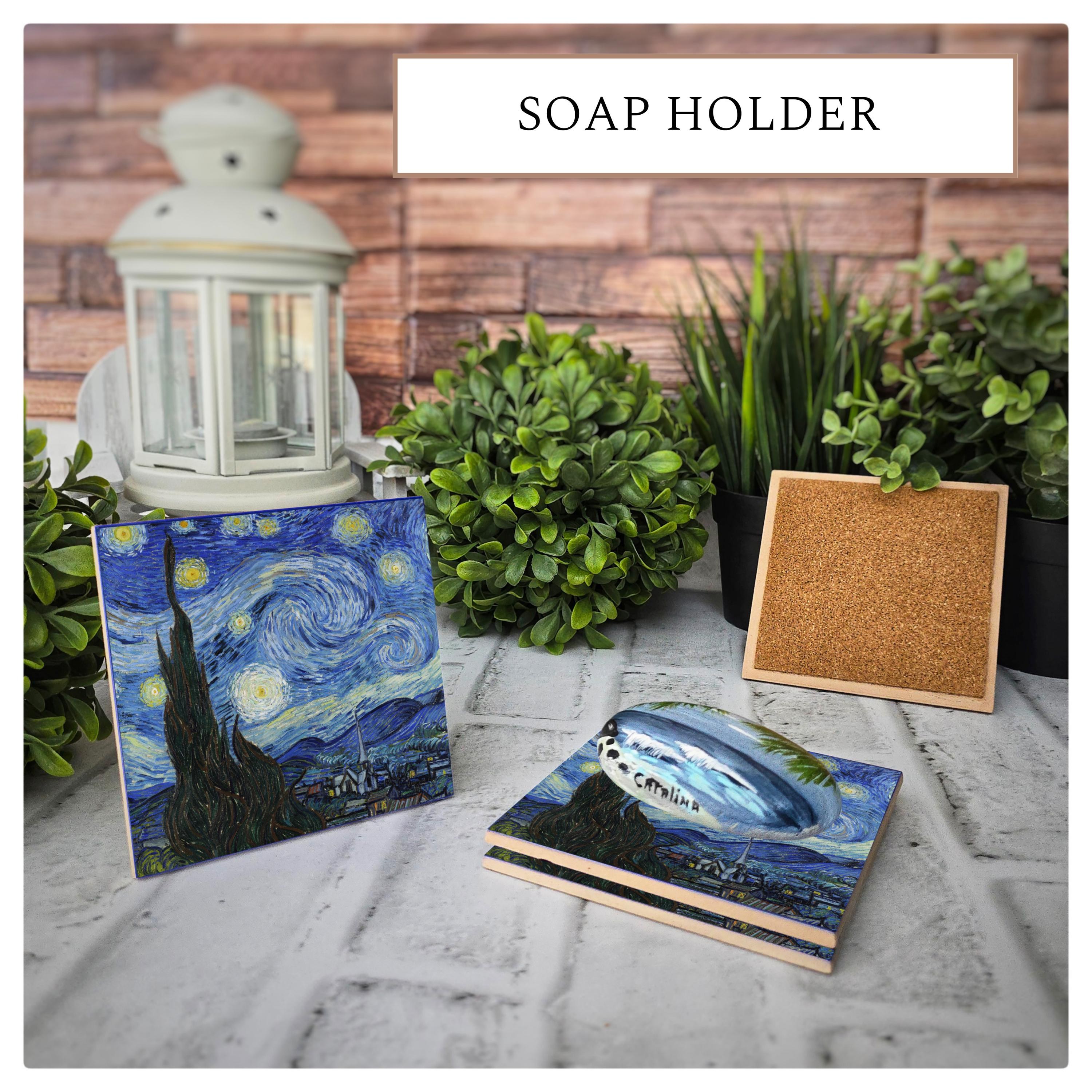 Starry Night Ceramic Coaster: Van Gogh Art, Cork Back (4.25"x4.25"), detail 5