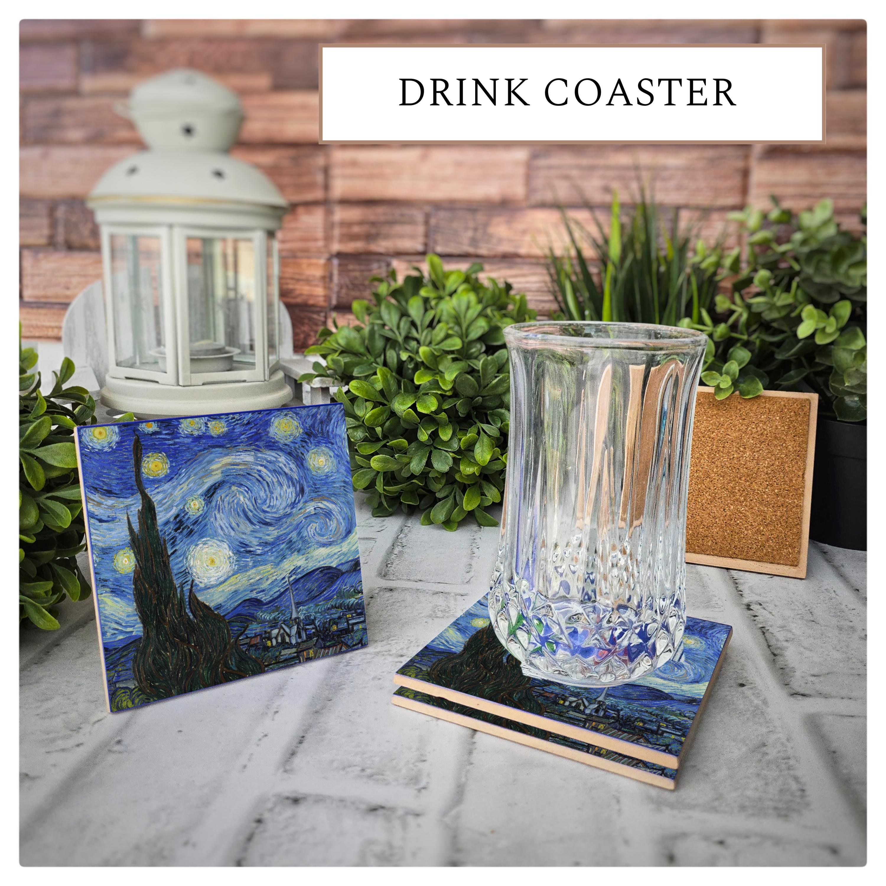 Starry Night Ceramic Coaster: Van Gogh Art, Cork Back (4.25"x4.25"), detail 7