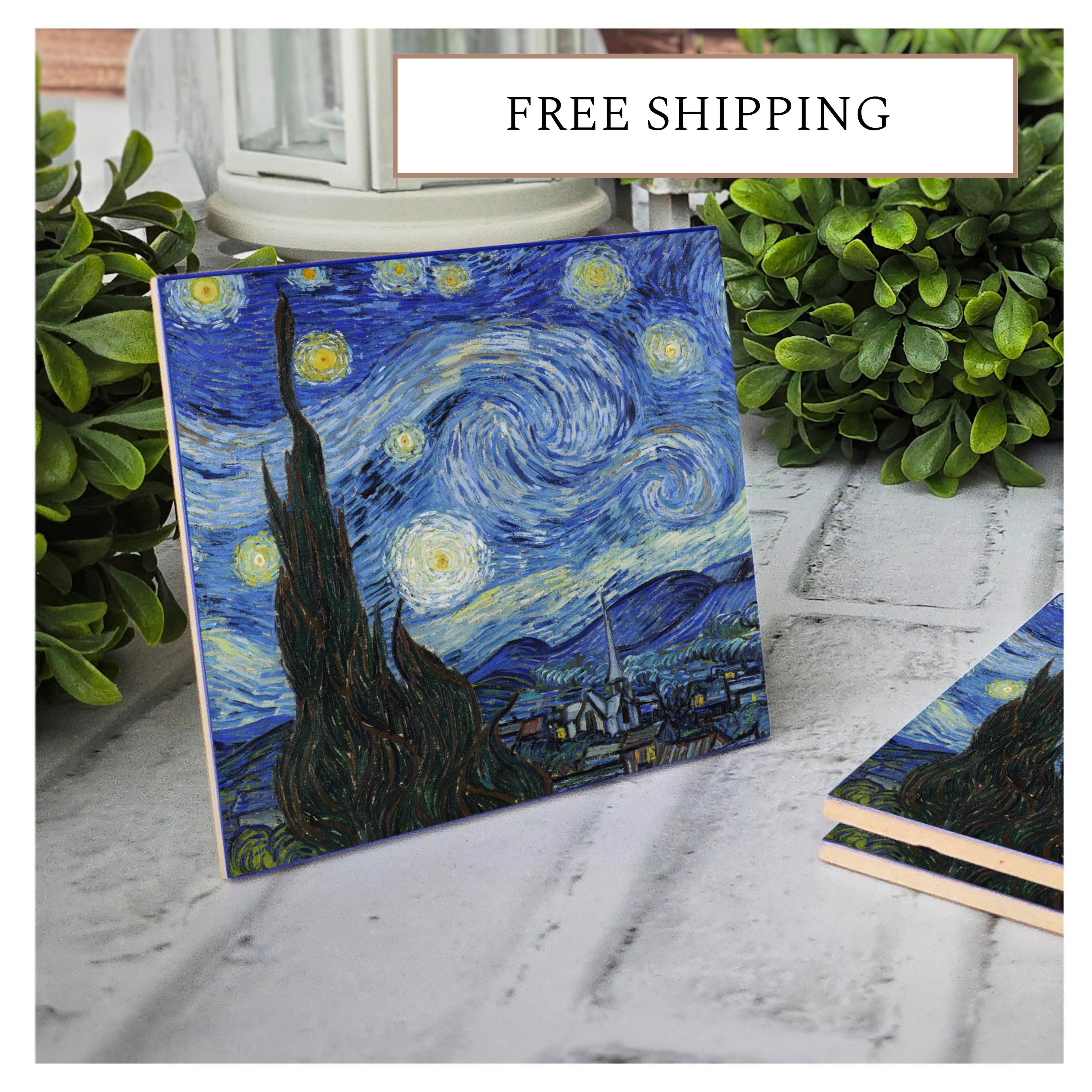 Starry Night Ceramic Coaster: Van Gogh Art, Cork Back (4.25"x4.25"), detail 8
