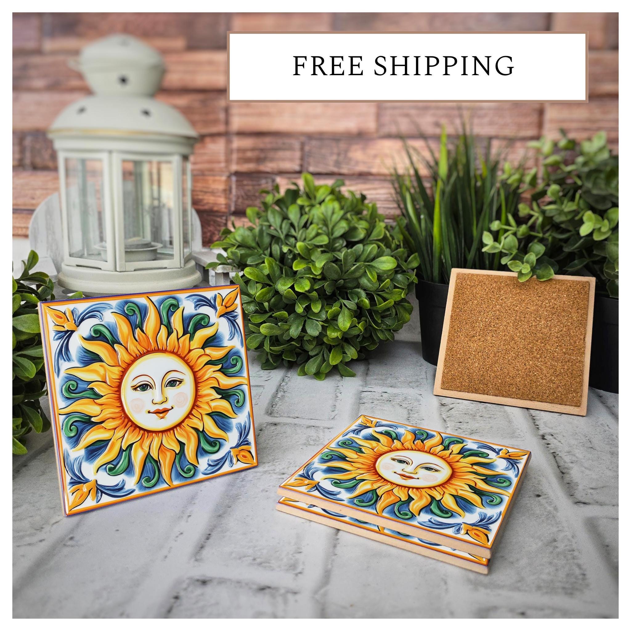 Sicilian Sun Ceramic Coasters, Housewarming Gift, Set of 4