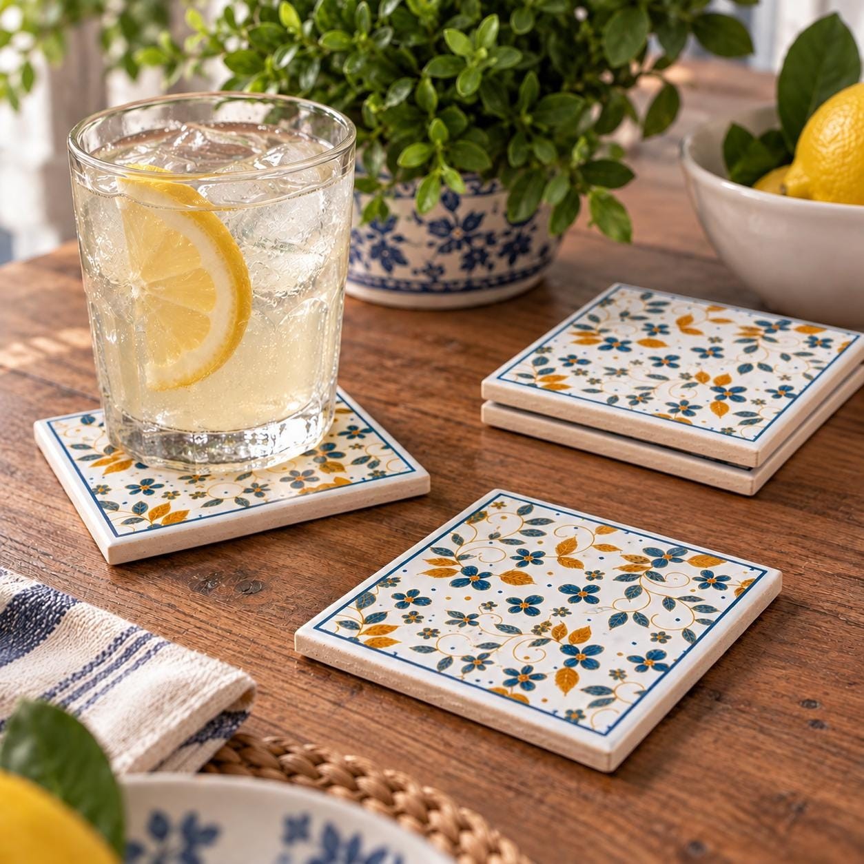 Mediterranean Ceramic Coasters Set, Blue Gold Floral Tile, Italian Style Drink Coaster (Set of 4)