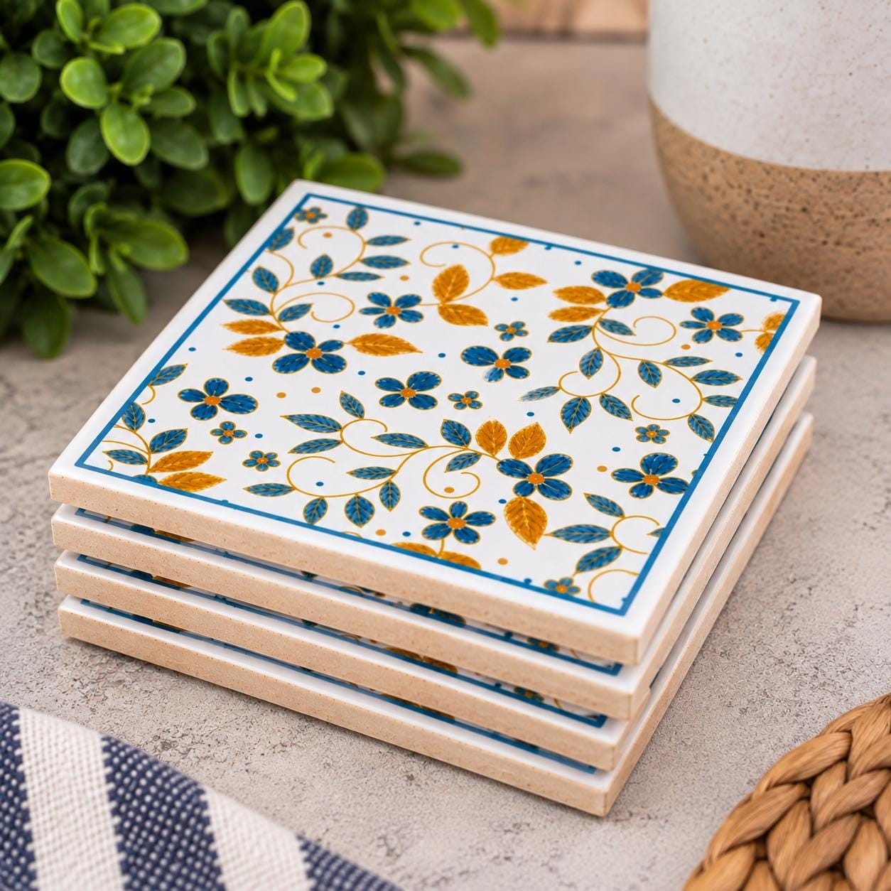 Mediterranean Ceramic Coasters Set, Blue Gold Floral Tile, Italian Style Drink Coaster (Set of 4), additional view