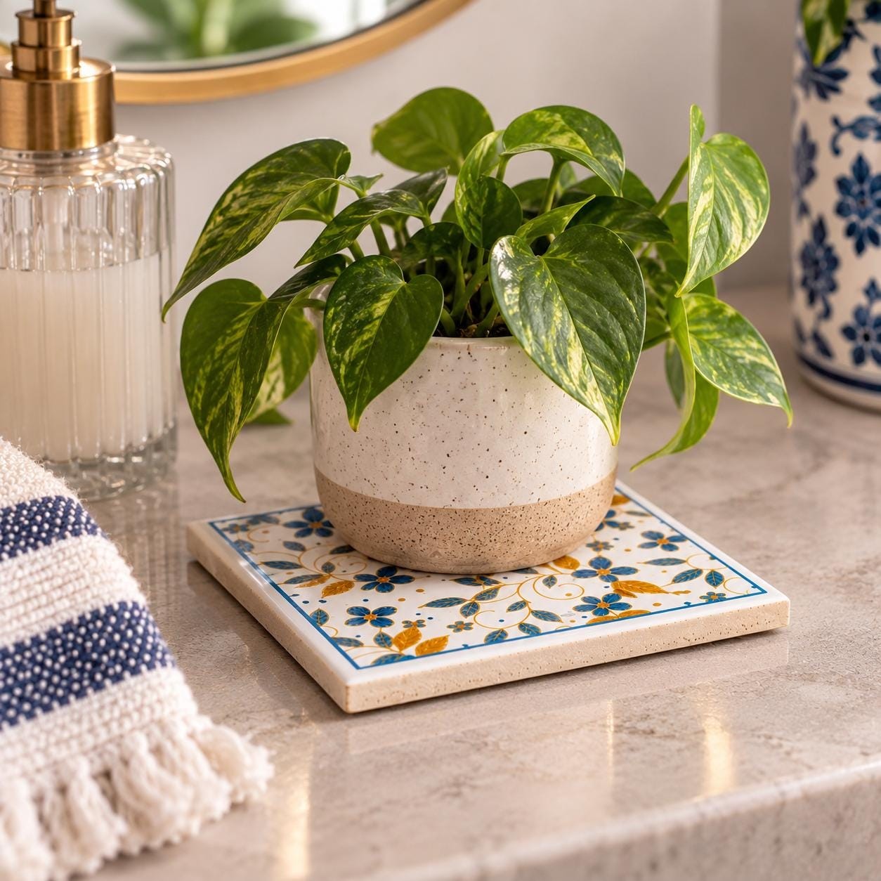 Mediterranean Ceramic Coasters Set, Blue Gold Floral Tile, Italian Style Drink Coaster (Set of 4), detail 3