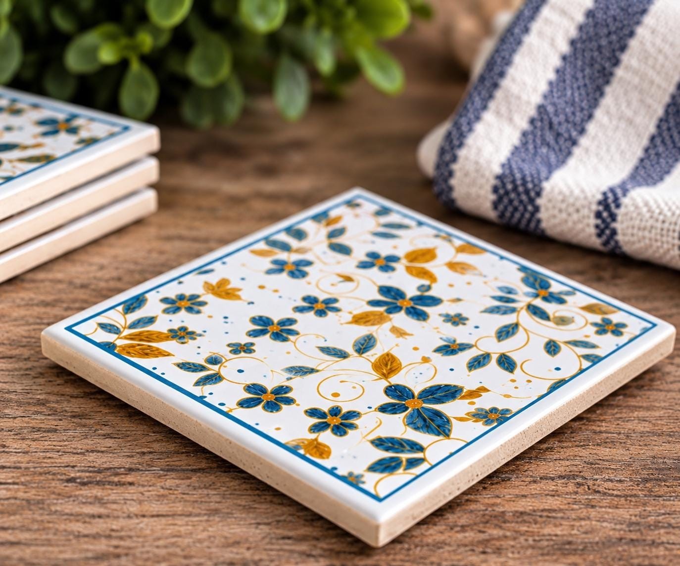 Mediterranean Ceramic Coasters Set, Blue Gold Floral Tile, Italian Style Drink Coaster (Set of 4), detail 4
