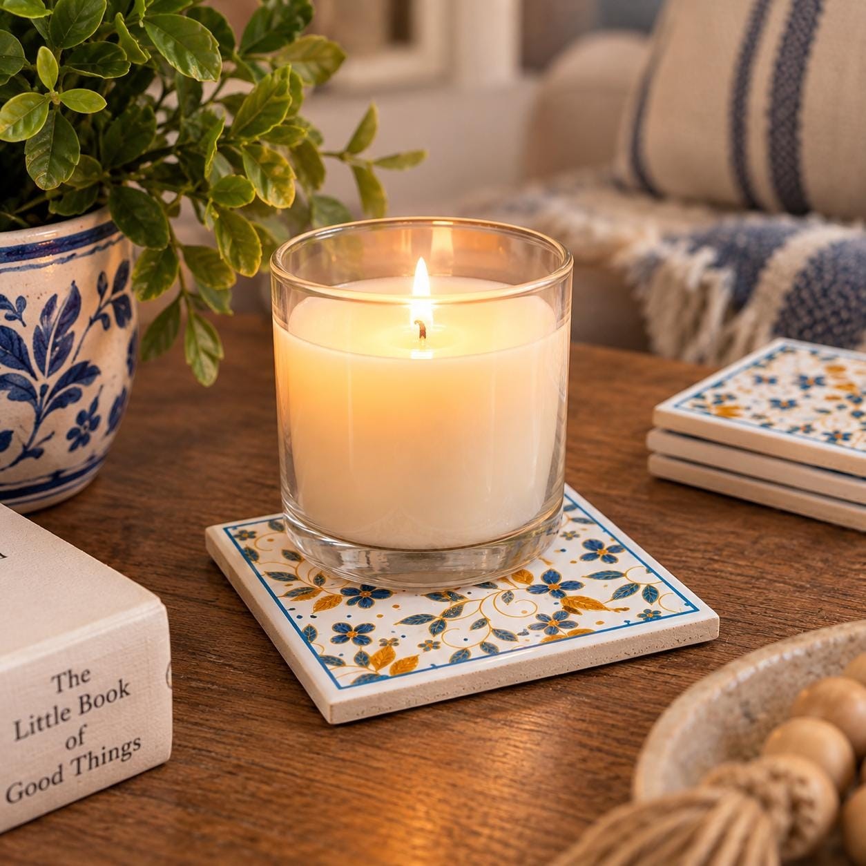 Mediterranean Ceramic Coasters Set, Blue Gold Floral Tile, Italian Style Drink Coaster (Set of 4), detail 5