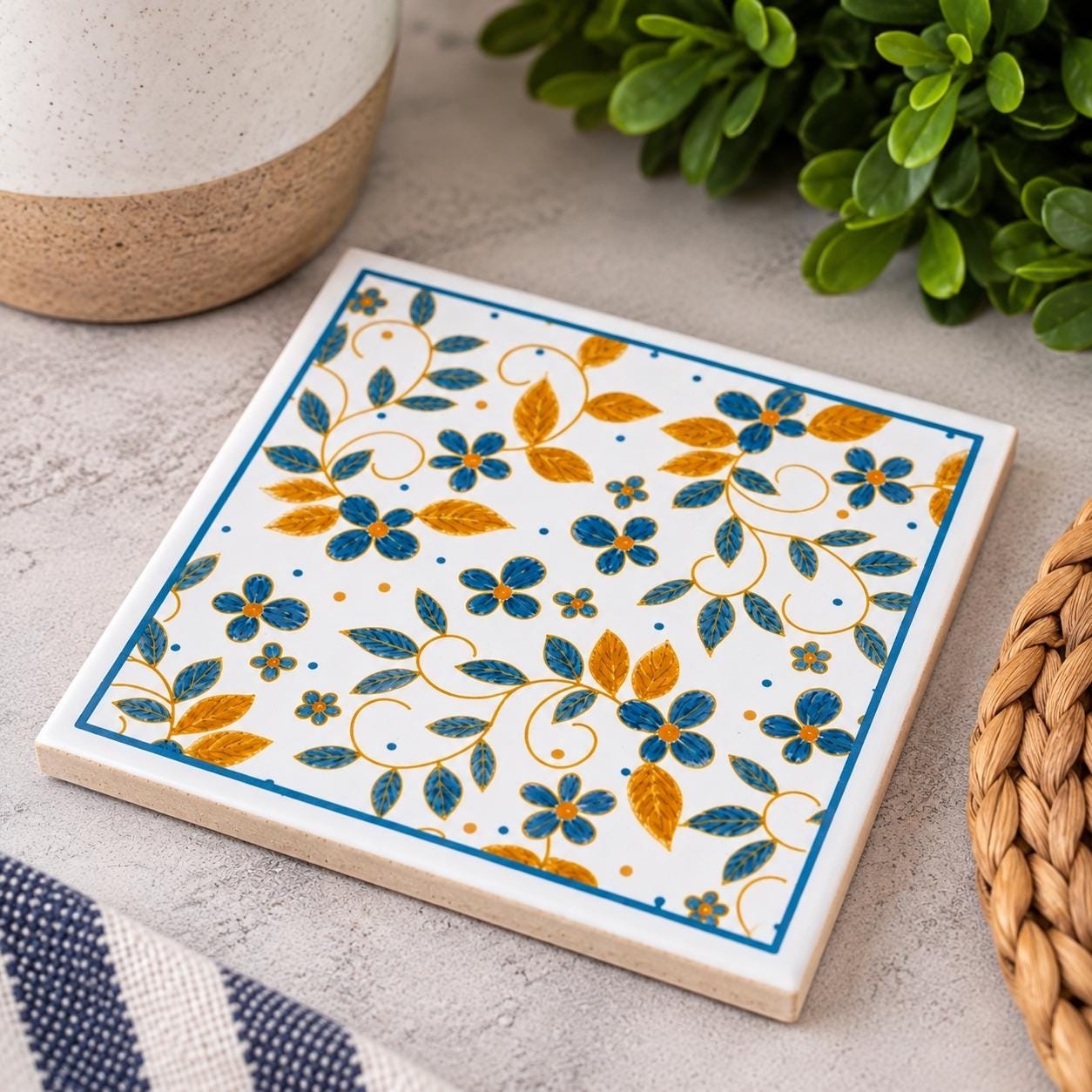 Mediterranean Ceramic Coasters Set, Blue Gold Floral Tile, Italian Style Drink Coaster (Set of 4), detail 6