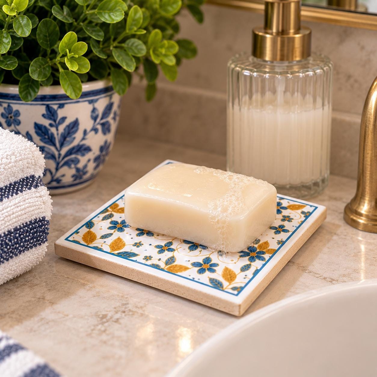 Mediterranean Ceramic Coasters Set, Blue Gold Floral Tile, Italian Style Drink Coaster (Set of 4), detail 7
