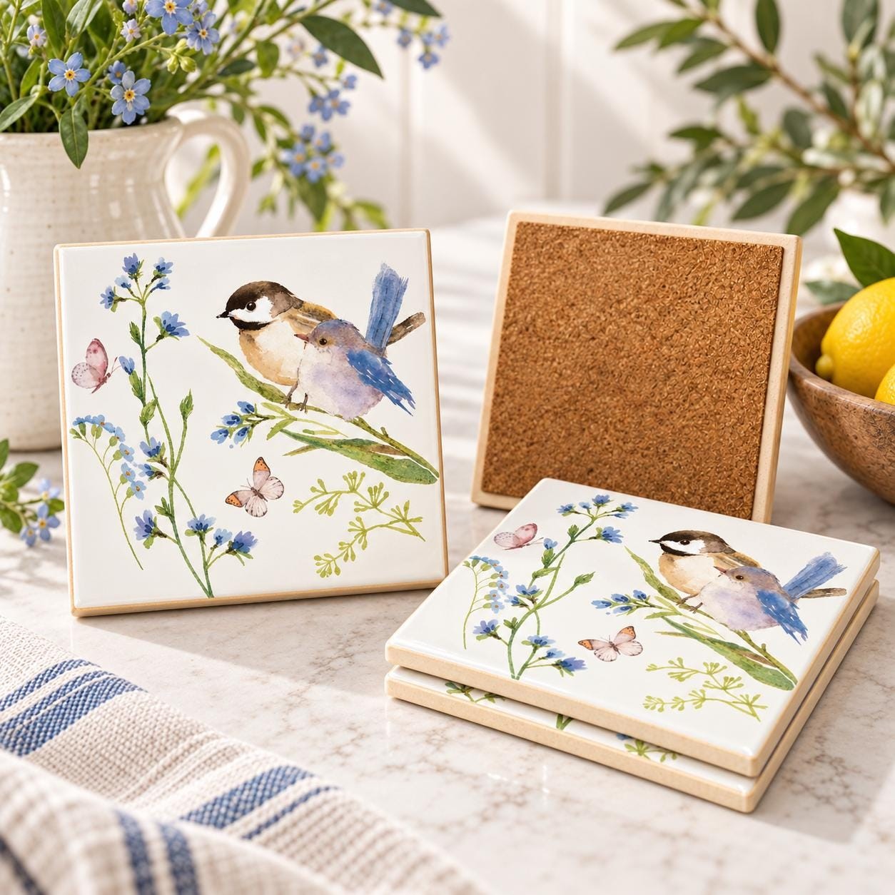 Watercolor Bird Coasters Set of 4, Ceramic Tile Coasters, Blue Floral Songbird Decor, Cottage Garden Gift, Bird Lover Gift