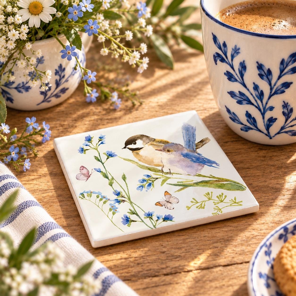 Watercolor Bird Coasters Set of 4, Ceramic Tile Coasters, Blue Floral Songbird Decor, Cottage Garden Gift, Bird Lover Gift, additional view