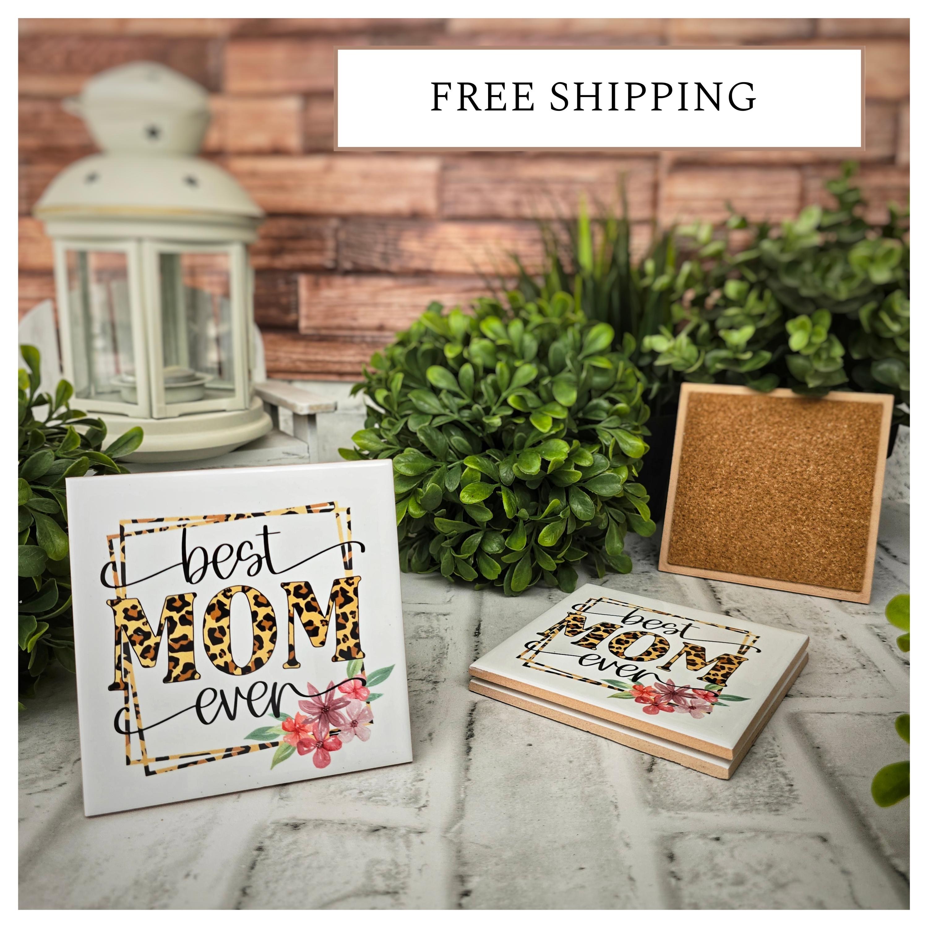 Best Mom Ever Ceramic Coaster - Leopard Print Floral Accent