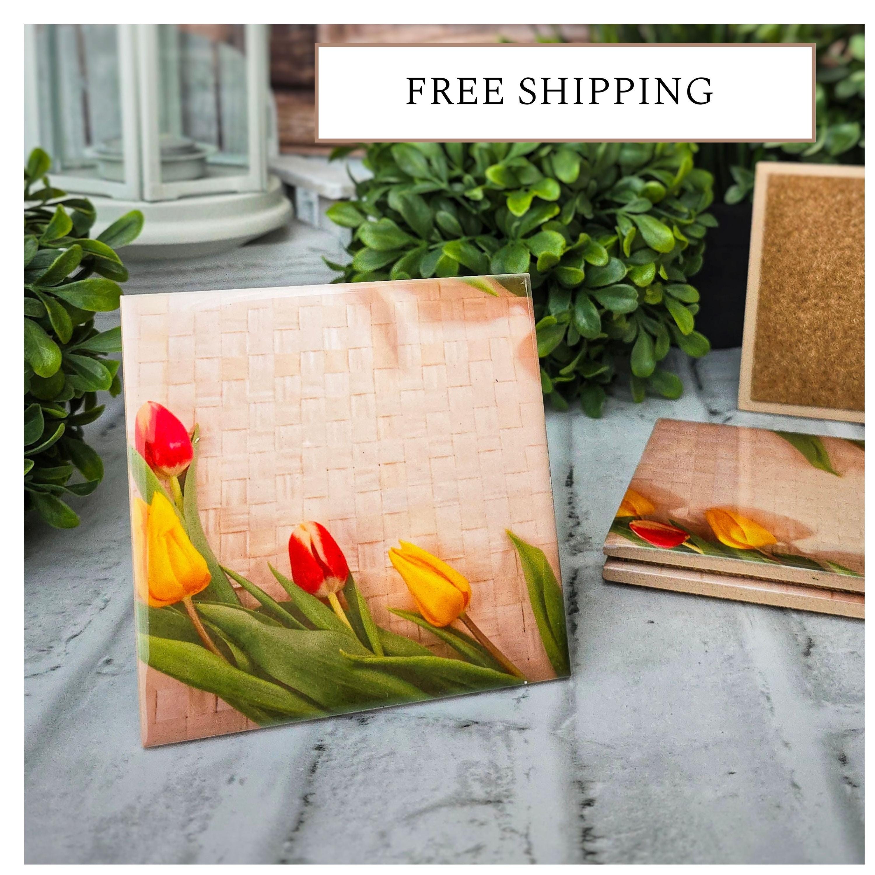 Tulip Ceramic Coasters: Spring Floral Drink Coasters, Set of 4, detail 4