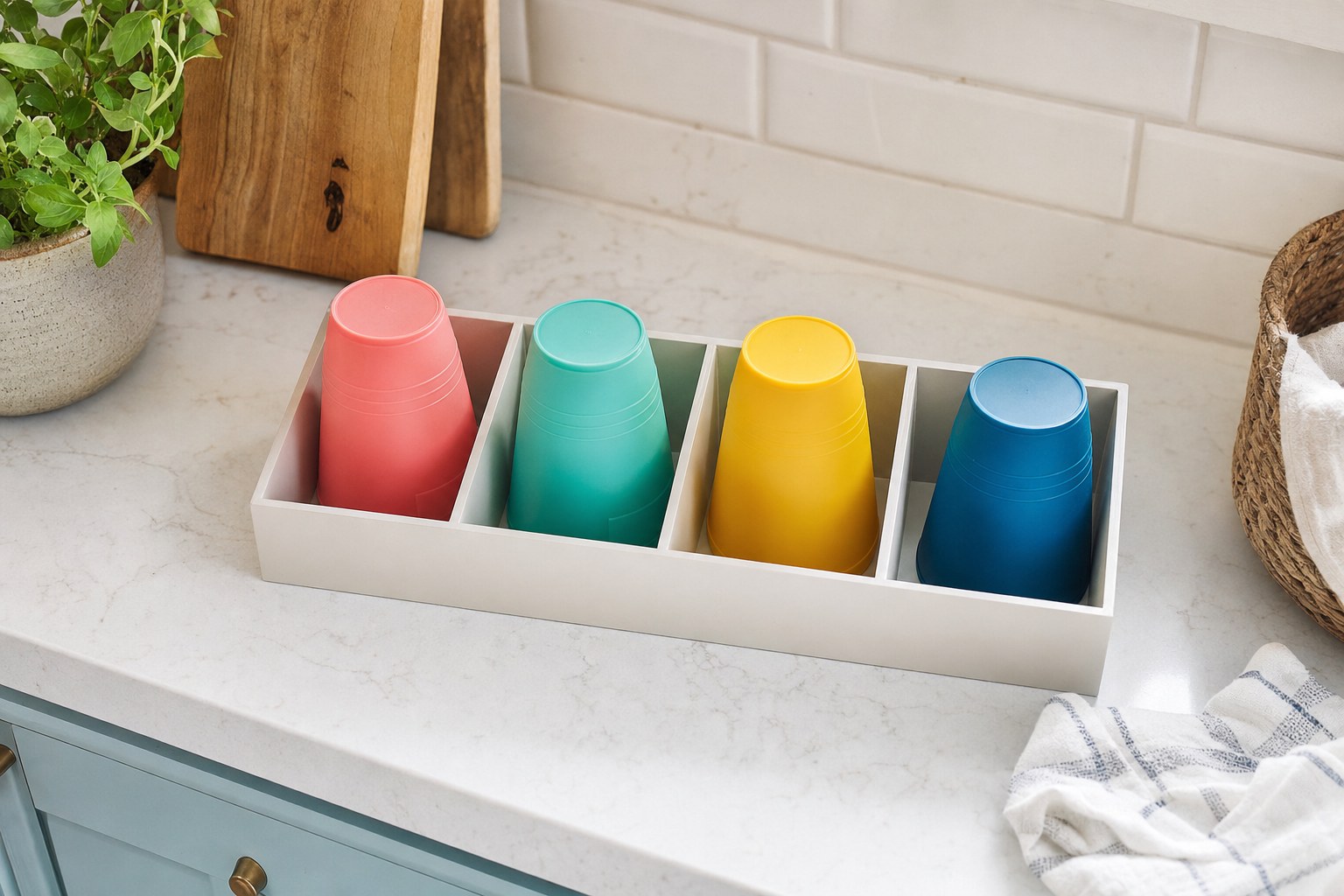Colorful reusable cups organized in a kitchen cup station