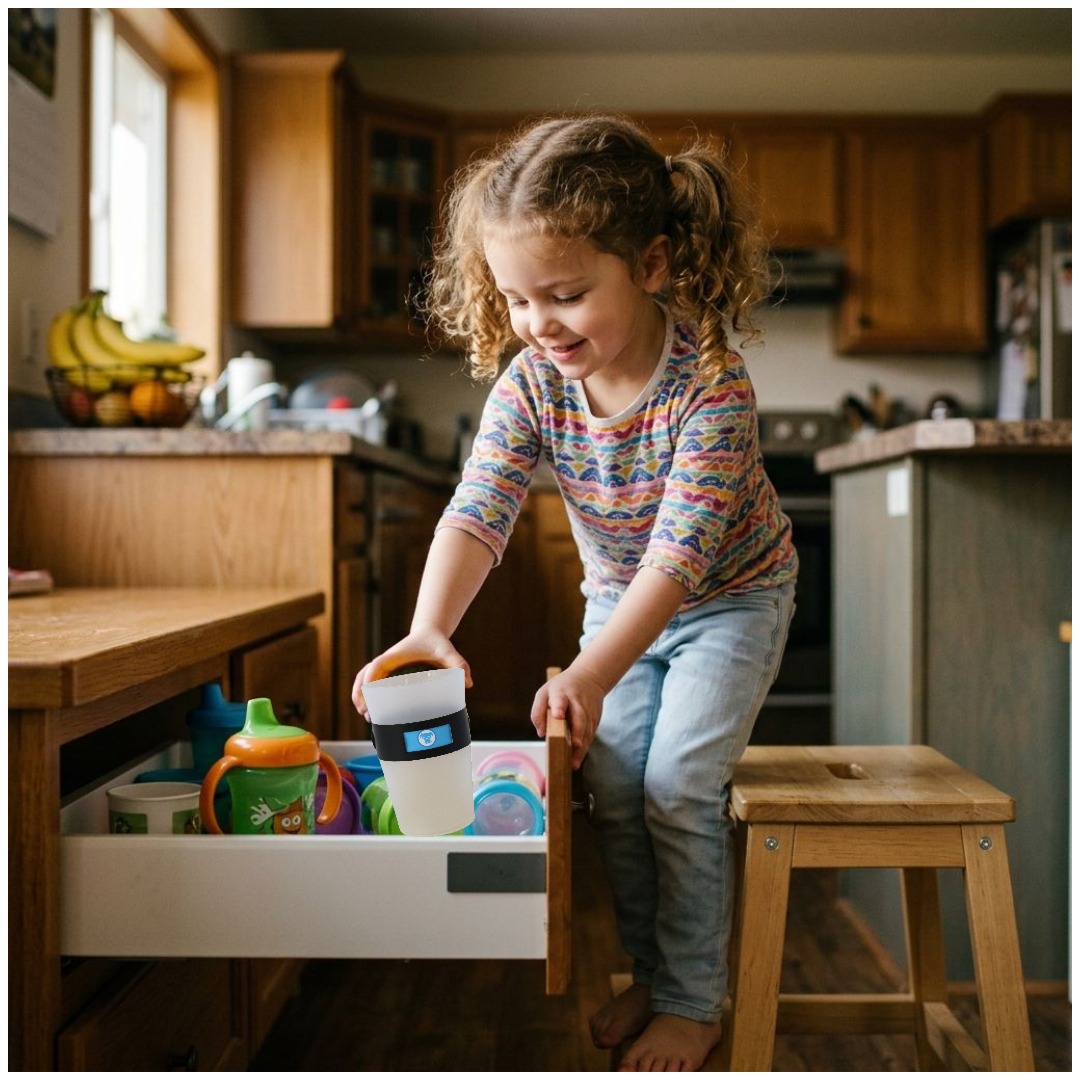 A child choosing a MyColourCup from a kitchen drawer of sippy cups