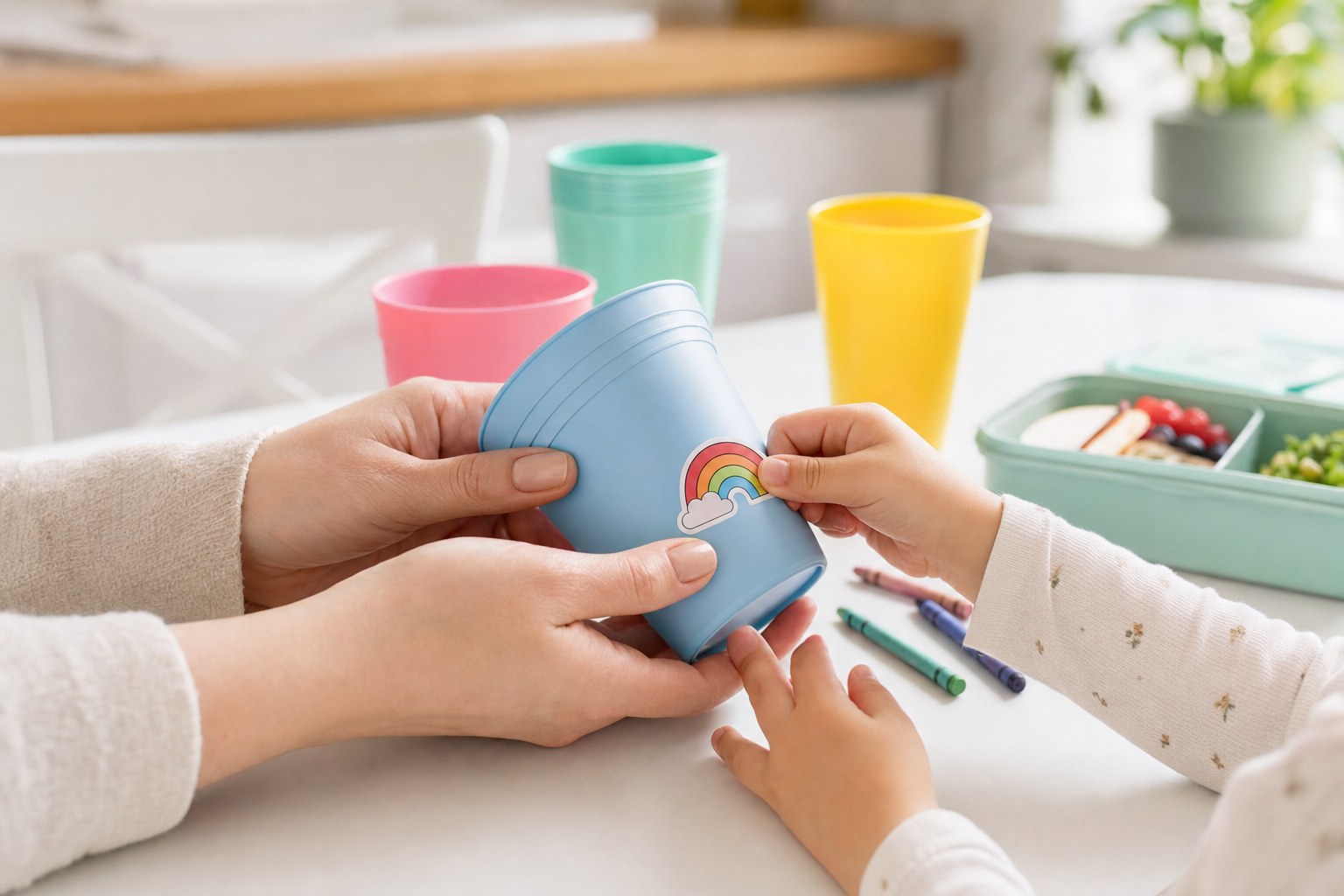 Parent and child adding a colorful sticker to a reusable cup