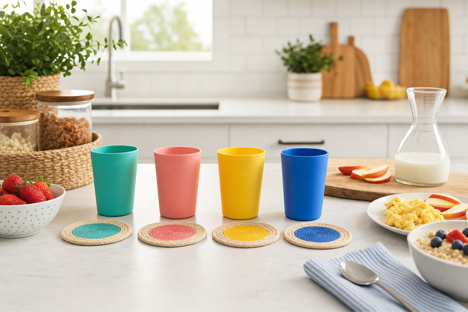Four colorful reusable cups set out in individual spots for breakfast