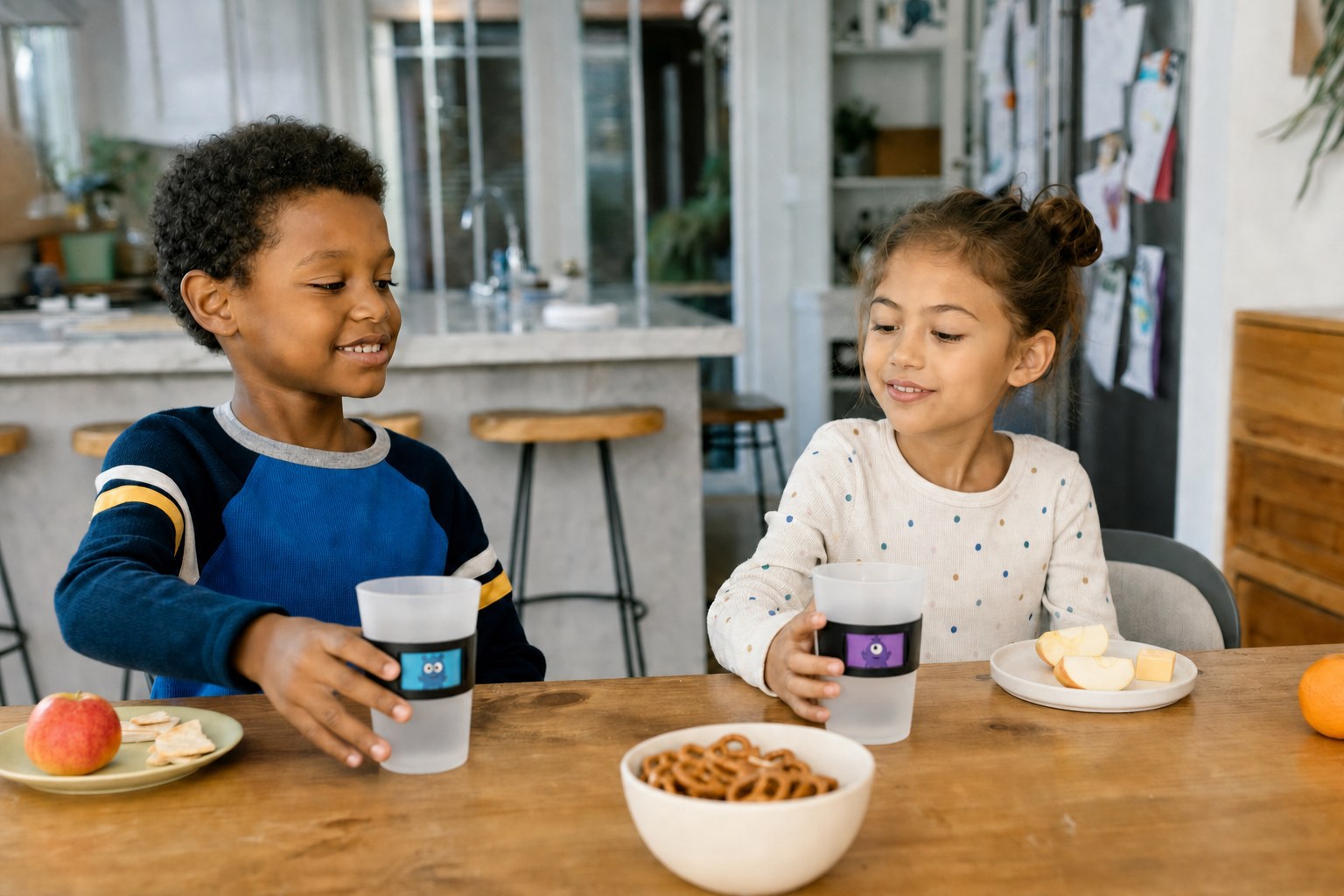 Two children using MyColourCups with colorful character windows at a snack table