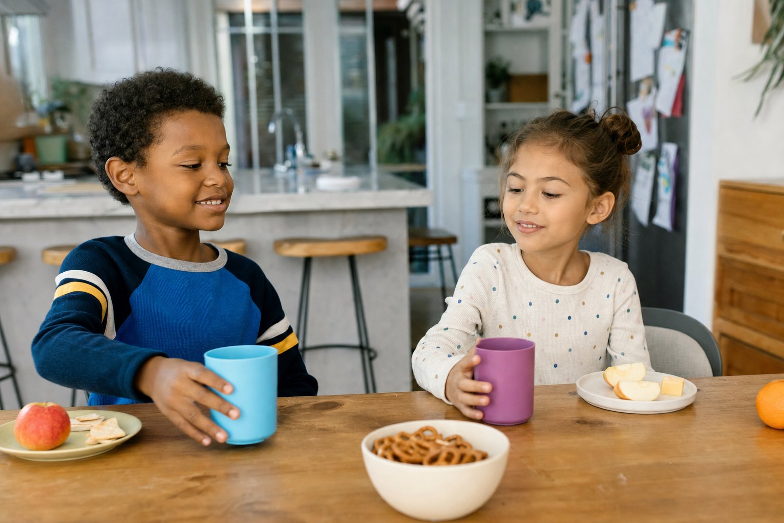 Two children using different colored reusable cups at a snack table