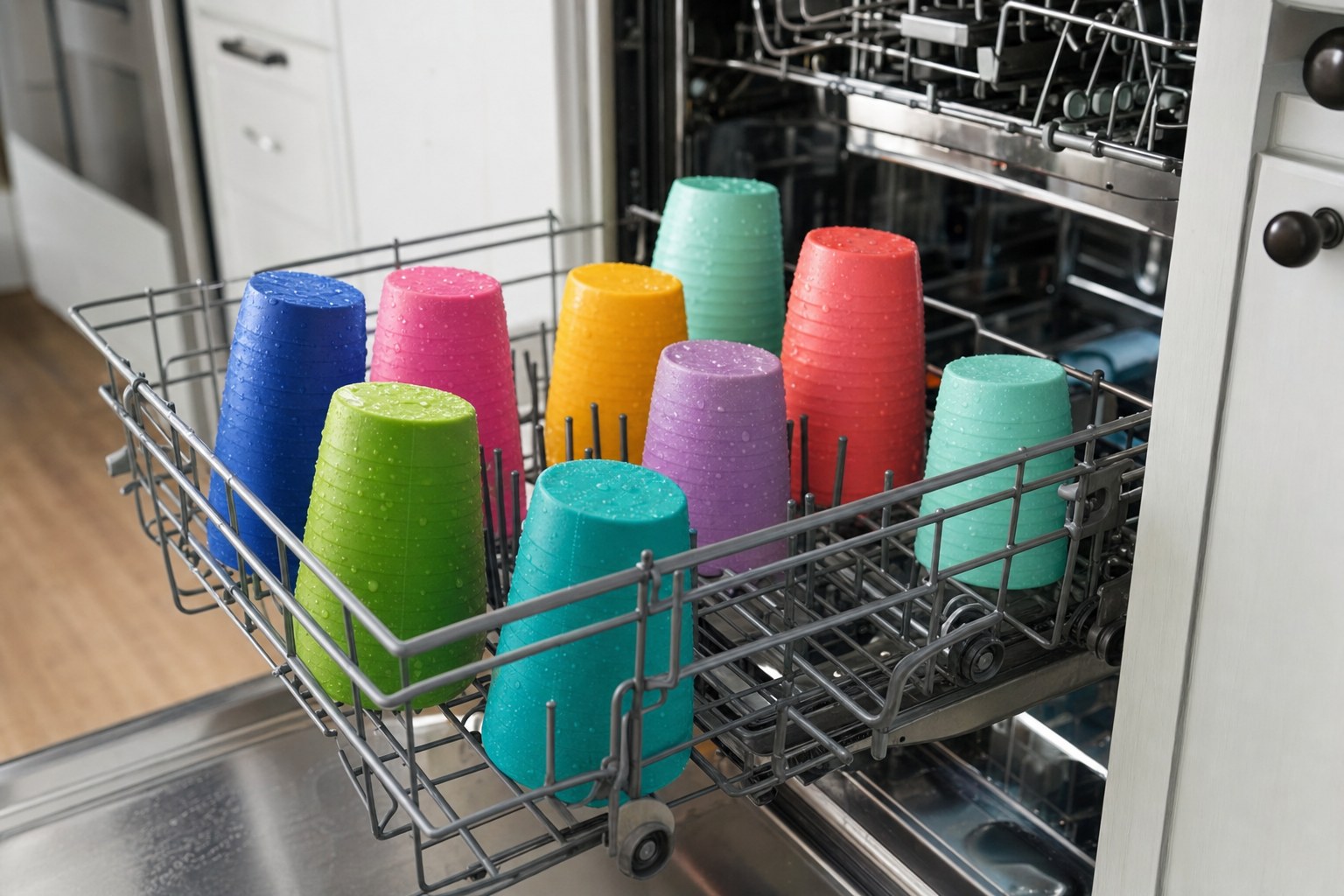 Colorful reusable cups drying upside down in an open dishwasher rack