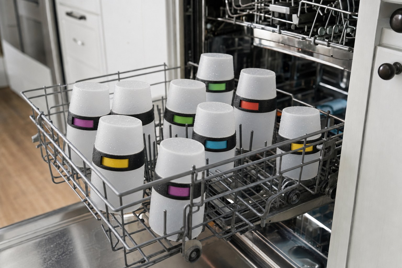 MyColourCups with colorful band windows drying upside down in an open dishwasher rack