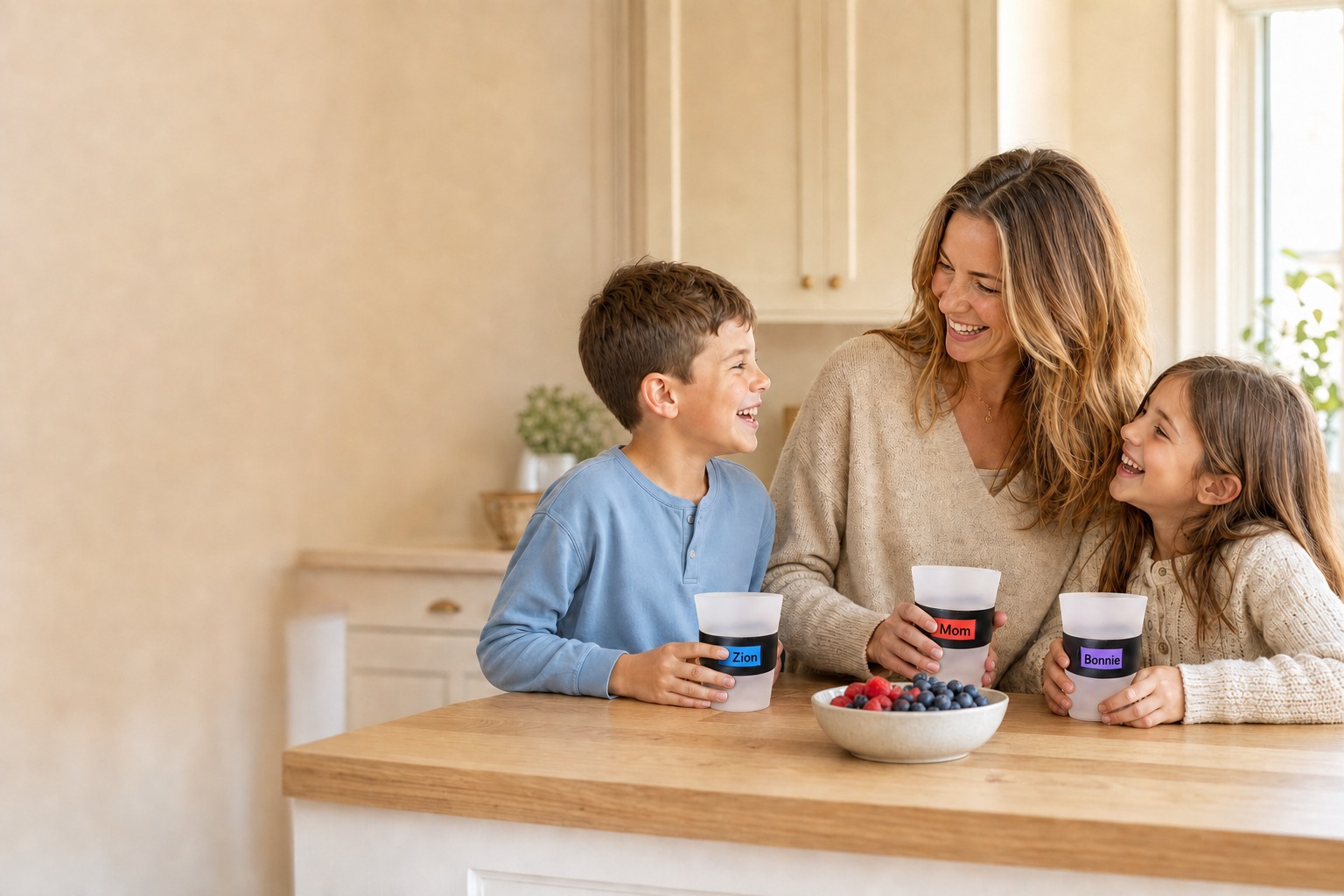 Mom, Zion, and Bonnie holding their named MyColourCups, with a purple window on Bonnie’s cup