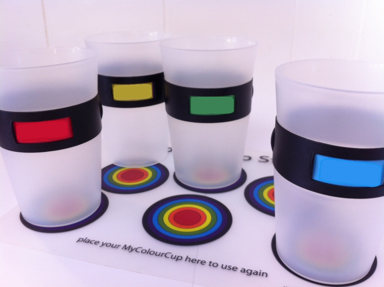 Four MyColourCups and a Multi-Cup Station Mat