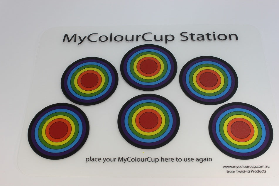 MyColourCup Station Mat providing a visible home for family cups