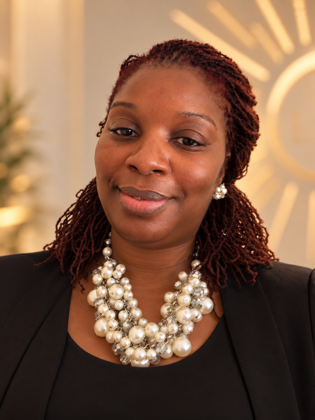 Tijuana Fulford wearing pearls and a black blazer