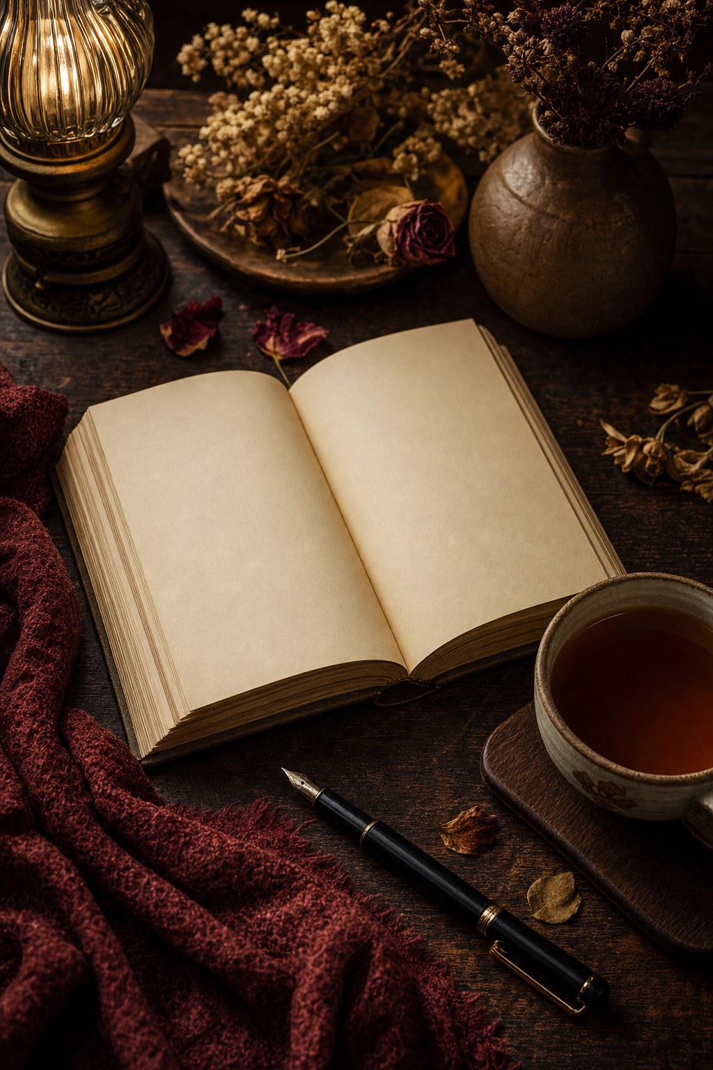 An open book beside tea and dried botanicals