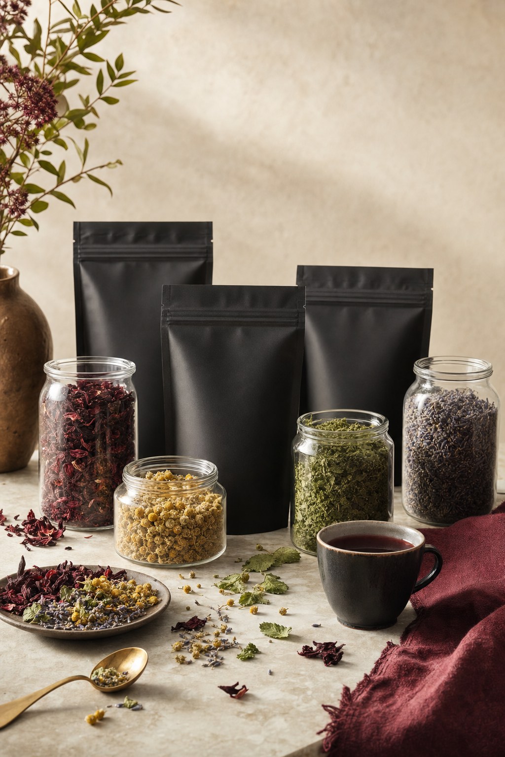 Botanical loose-leaf tea with herbs and a dark ceramic cup