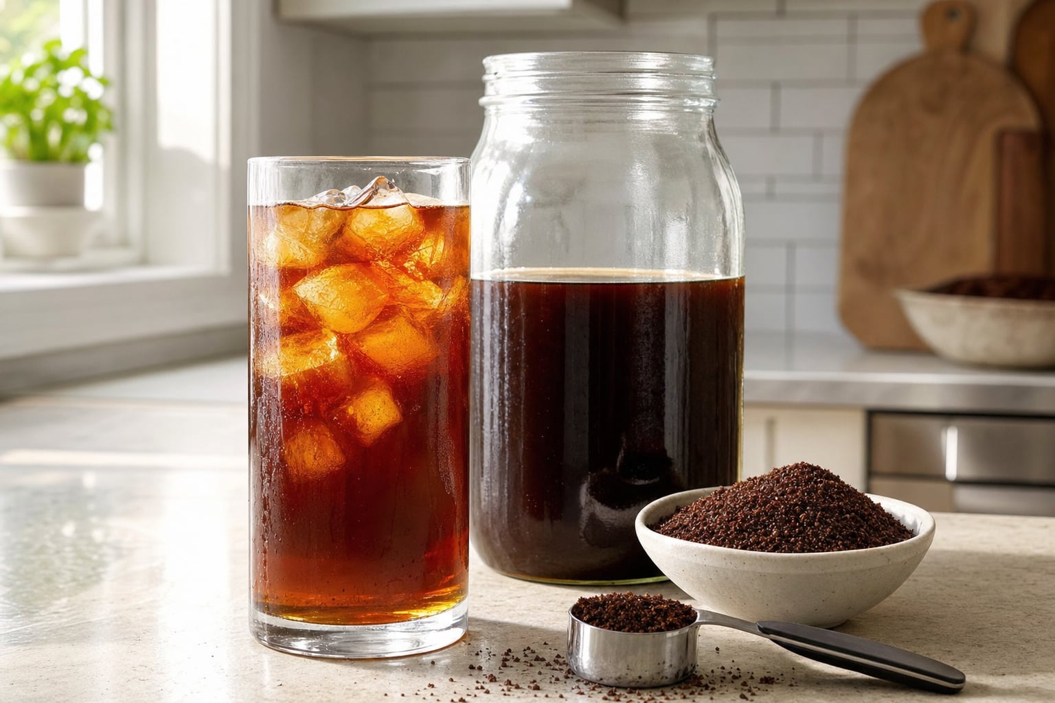 Iced cold brew beside a jar of coffee concentrate and freshly ground coffee