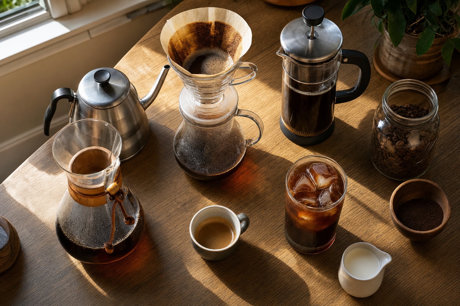 Pour-over, French press, espresso, and iced coffee on a sunlit table