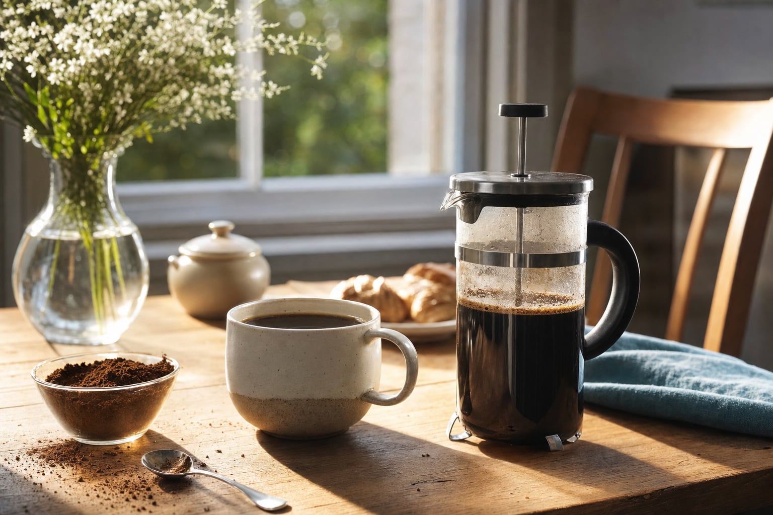 Glass French press and a cup of brewed coffee on a bright breakfast table