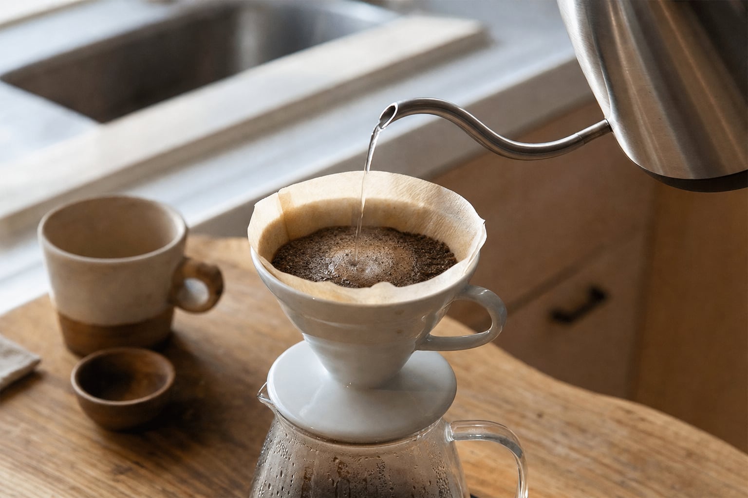 Hot water pouring from a gooseneck kettle into a ceramic pour-over dripper