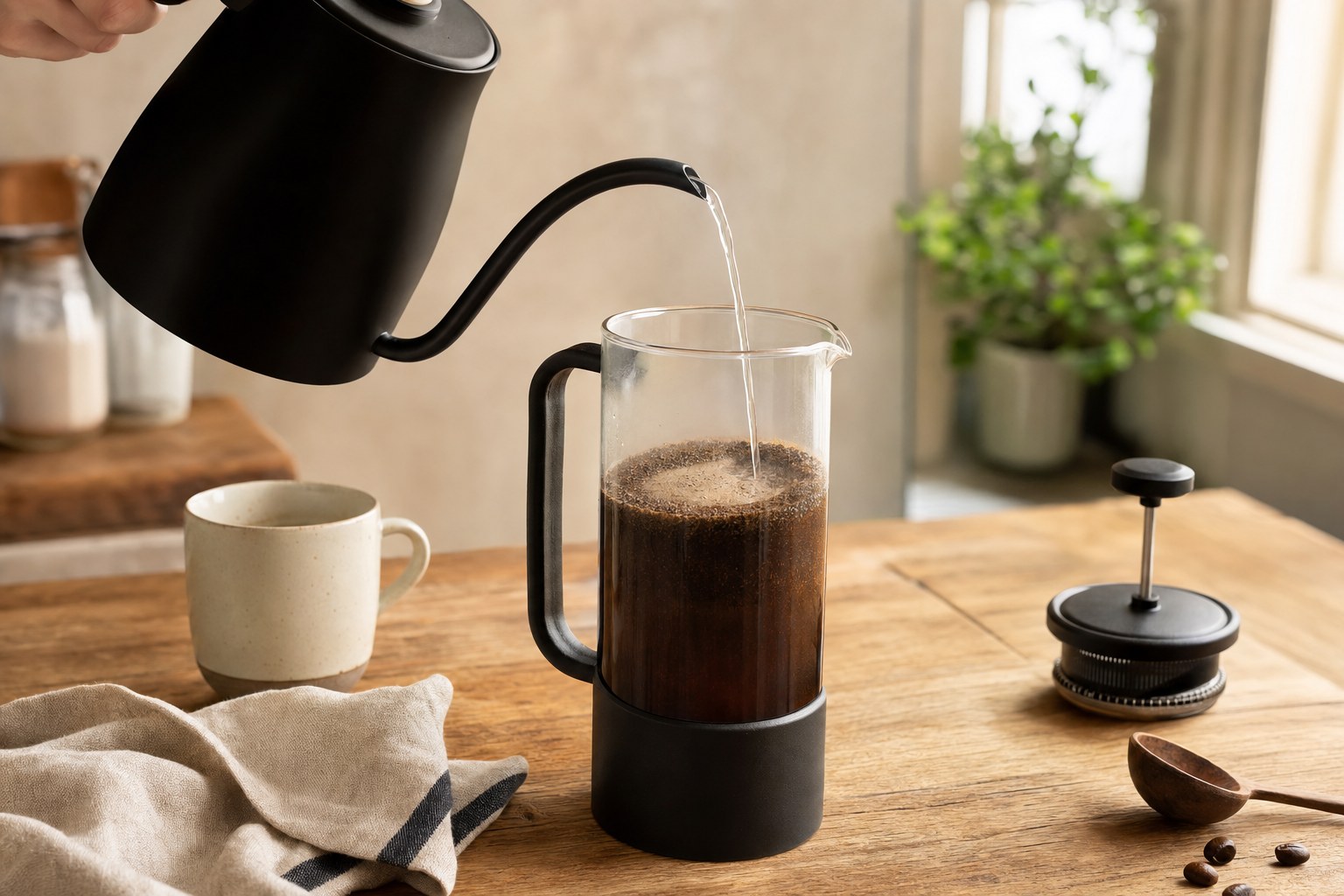 Hot water pouring into a French press full of coffee grounds