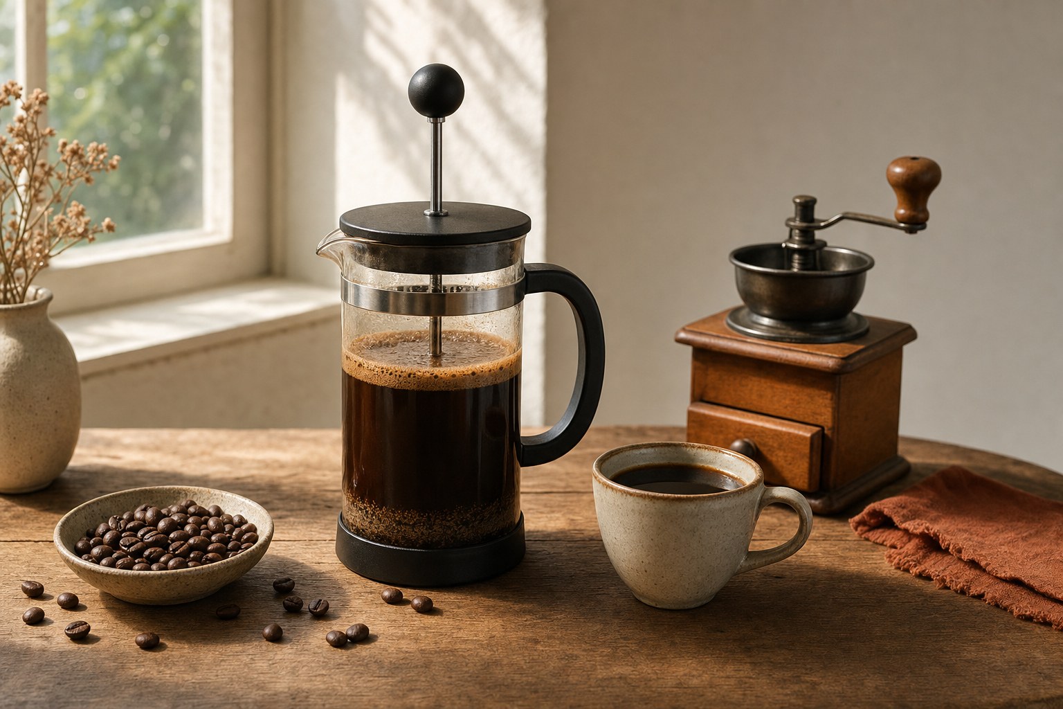 French press coffee, a hand grinder, and a cup on a warm wood table