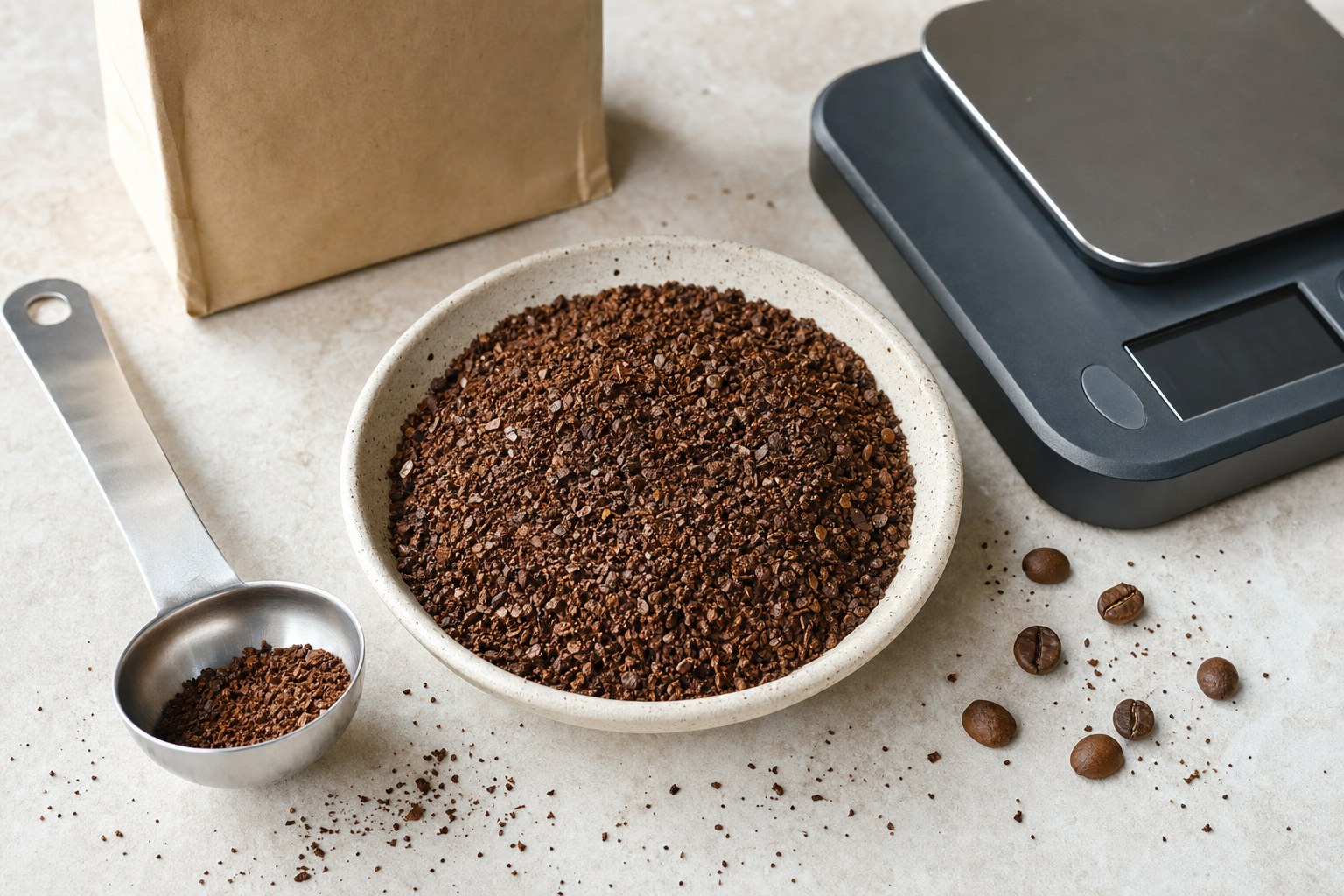 Coarsely ground coffee in a bowl beside a scoop and kitchen scale