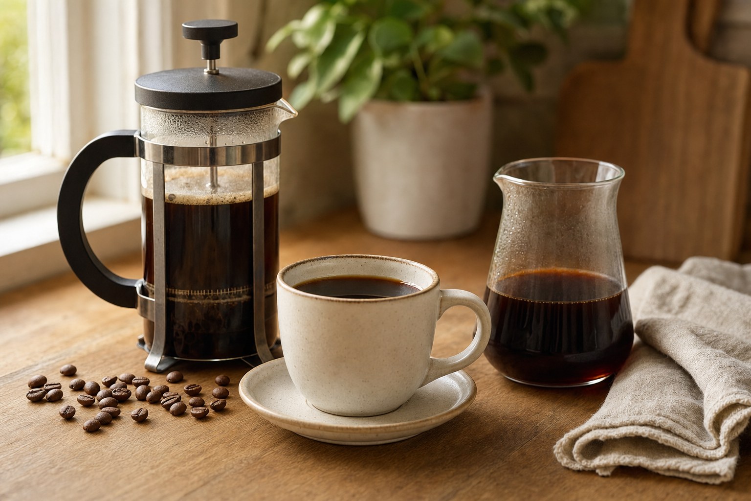 French press coffee served in a ceramic cup