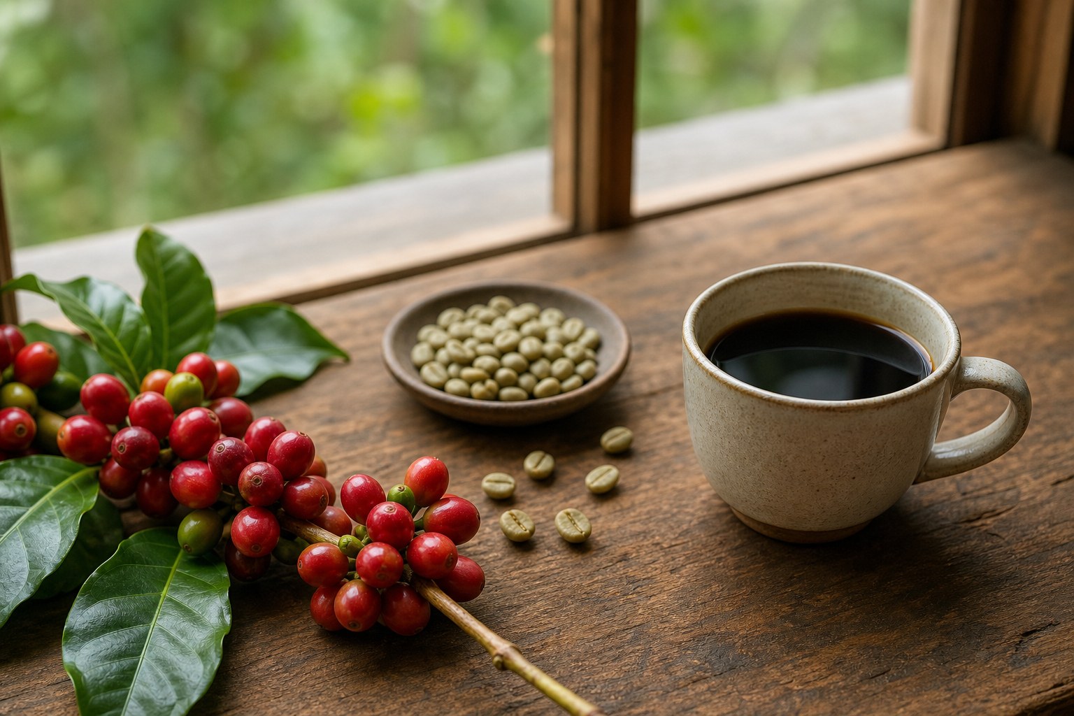 Coffee cherries, green coffee beans, and a cup of brewed coffee