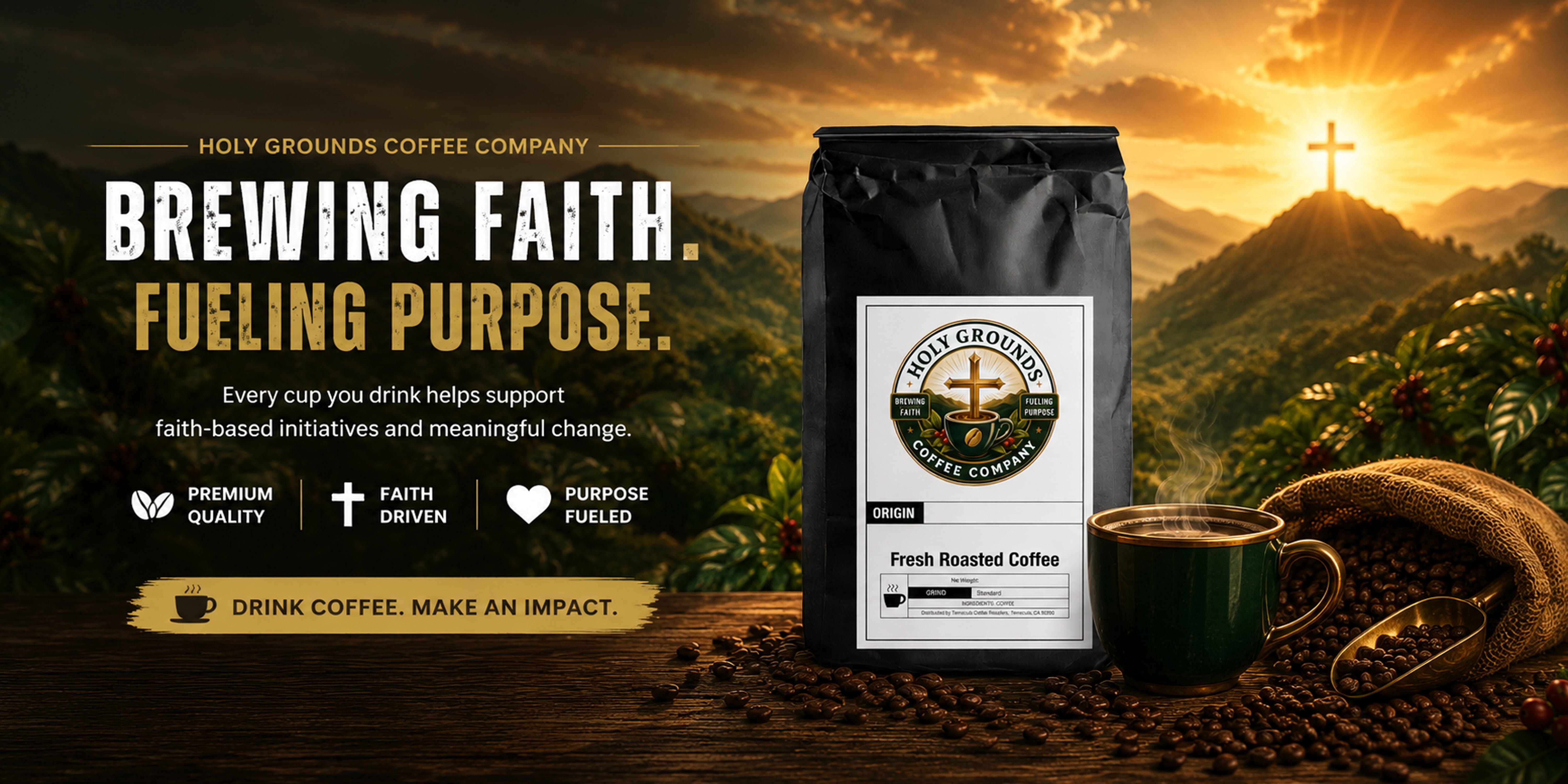 Coffee bags and a cup from The Holy Grounds Coffee Co