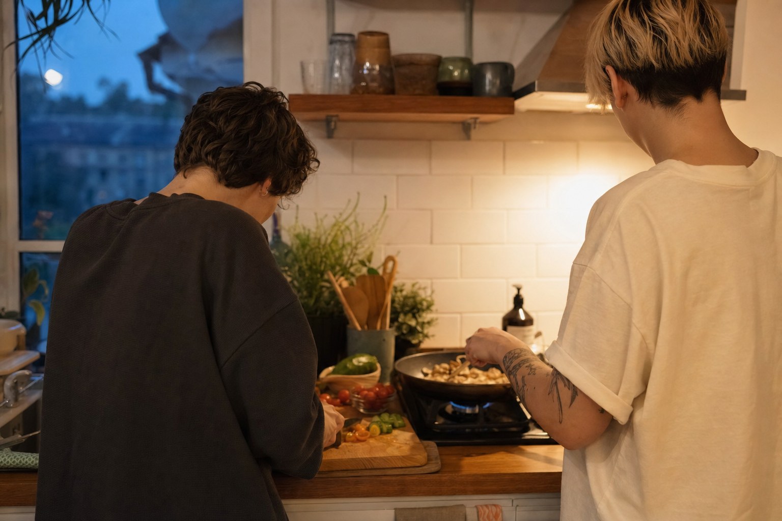 Two partners cooking dinner together in a warm kitchen at dusk