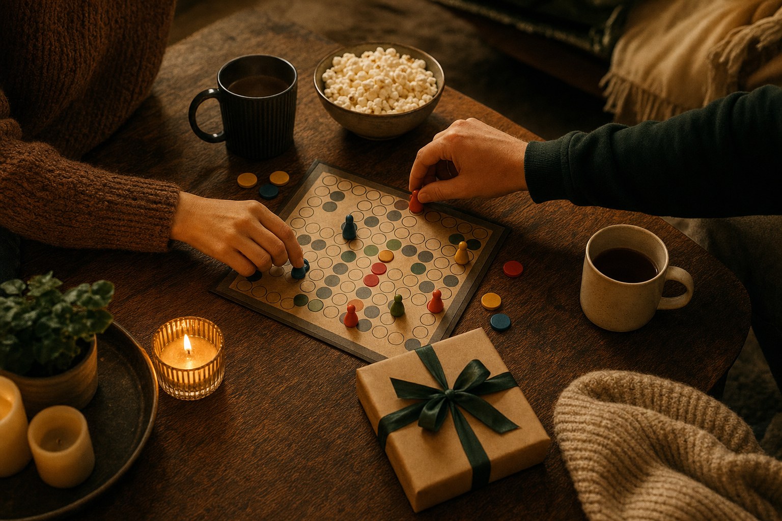 Two people playing a board game with popcorn and a wrapped gift on a coffee table