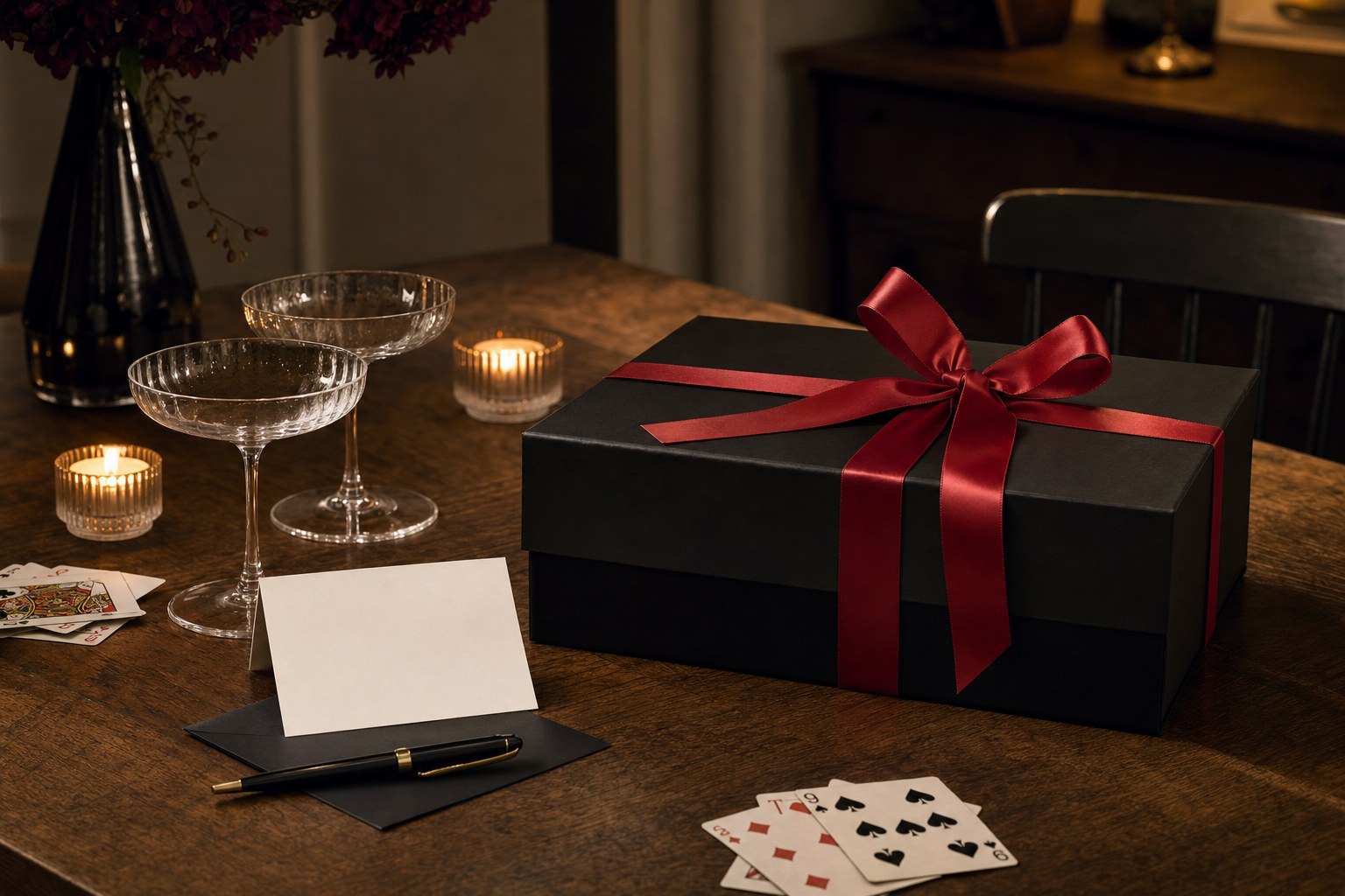 A wrapped black gift box with a red ribbon, champagne coupes, candles, and playing cards on a dining table