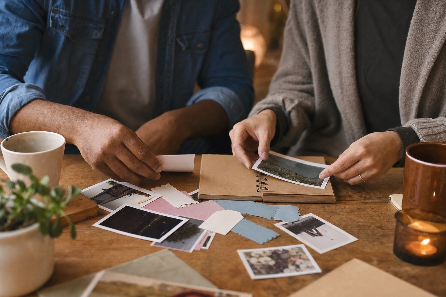 Partners arranging photographs in a memory album together