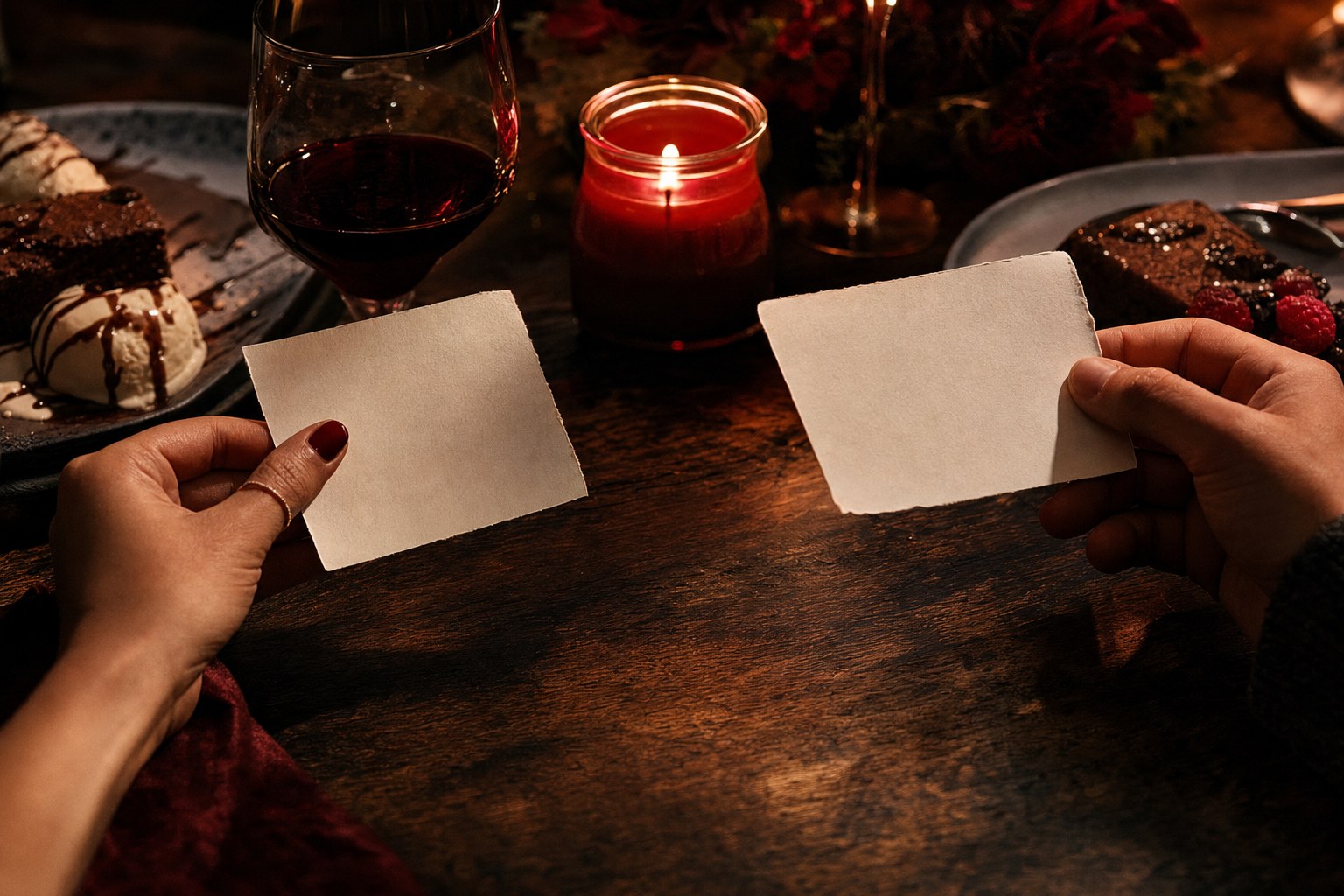 Two hands holding prompt cards during an at-home date night